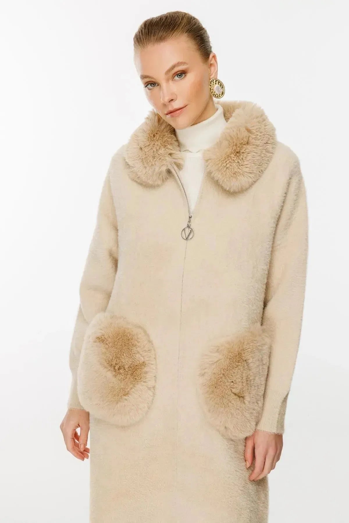 Fur Detailed Coat with Collar and Pocket