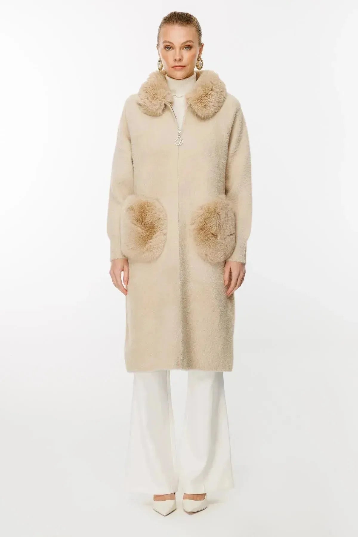 Fur Detailed Coat with Collar and Pocket