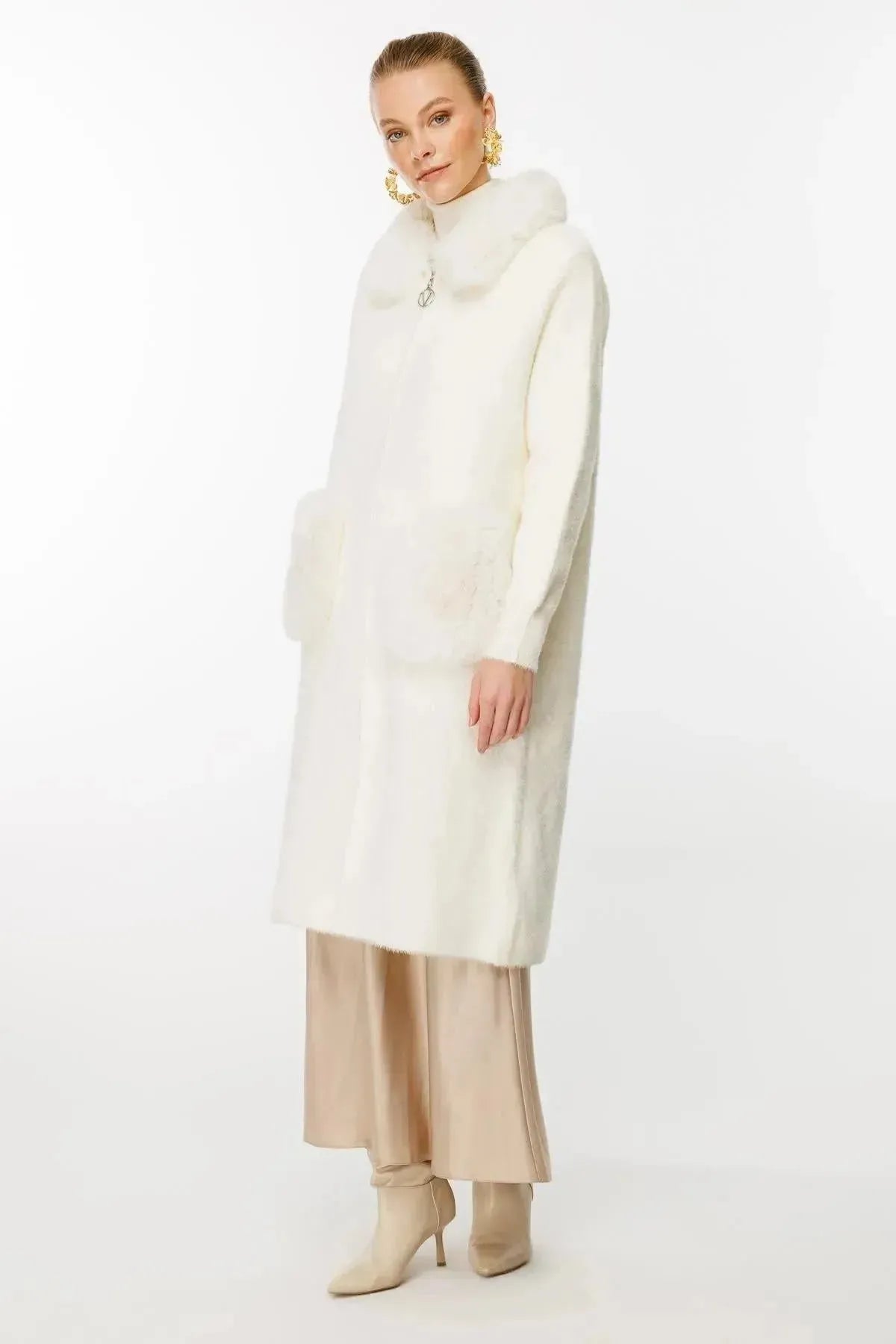 Fur Detailed Coat with Collar and Pocket