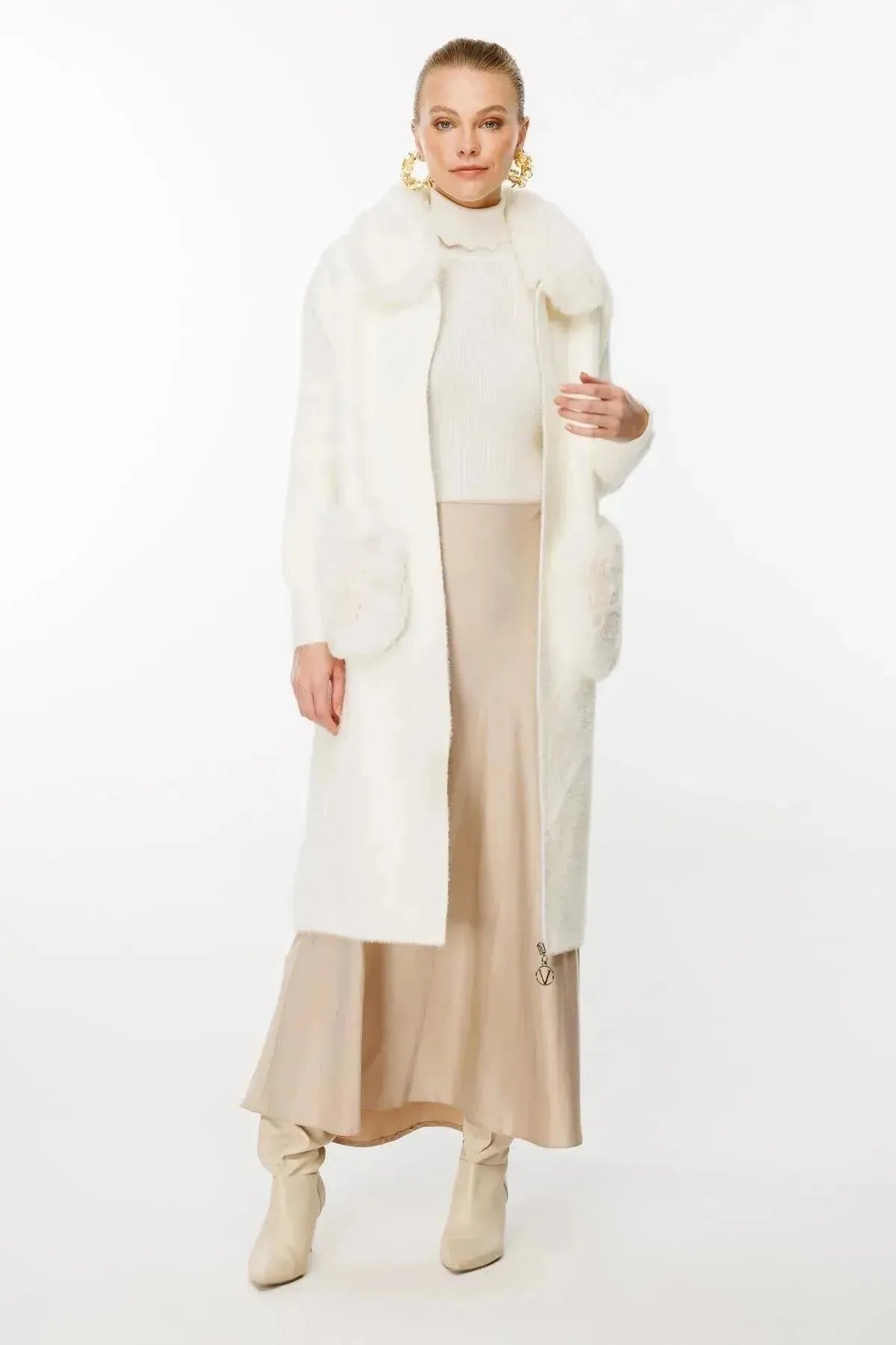 Fur Detailed Coat with Collar and Pocket
