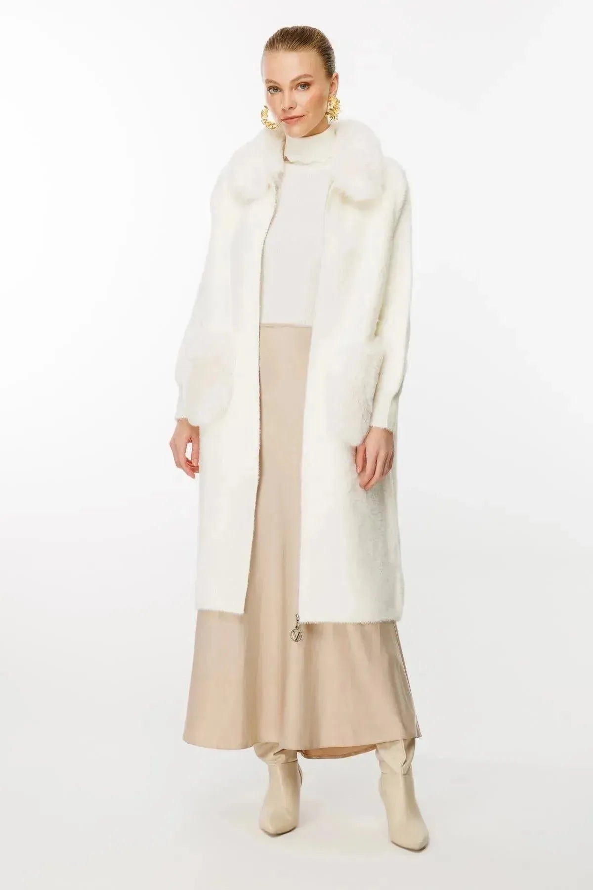 Fur Detailed Coat with Collar and Pocket