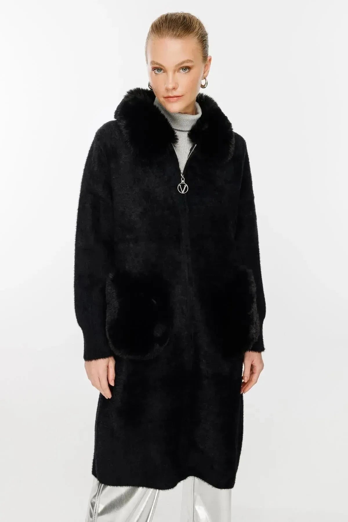 Fur Detailed Coat with Collar and Pocket