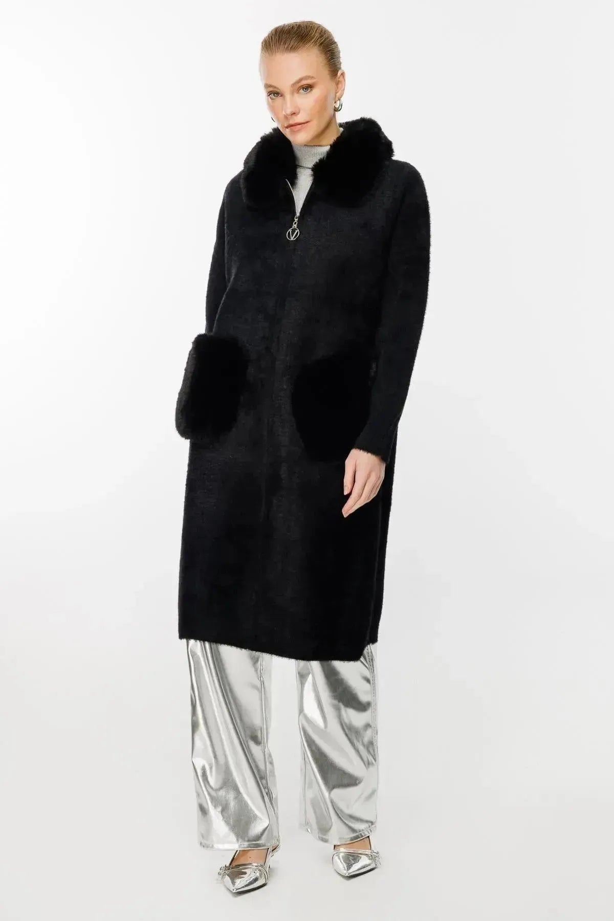 Fur Detailed Coat with Collar and Pocket