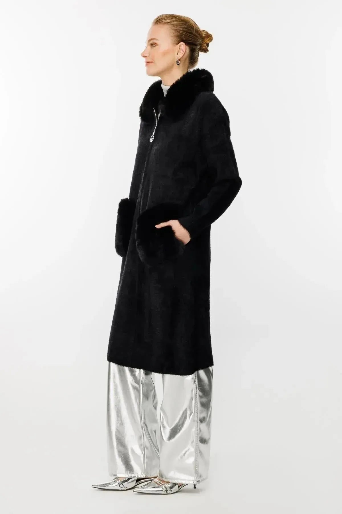 Fur Detailed Coat with Collar and Pocket