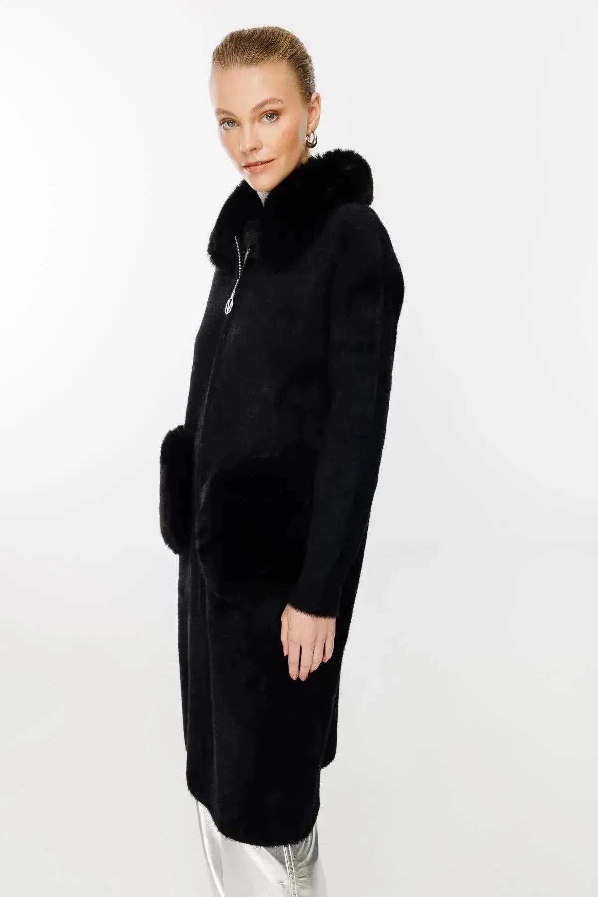 Fur Detailed Coat with Collar and Pocket