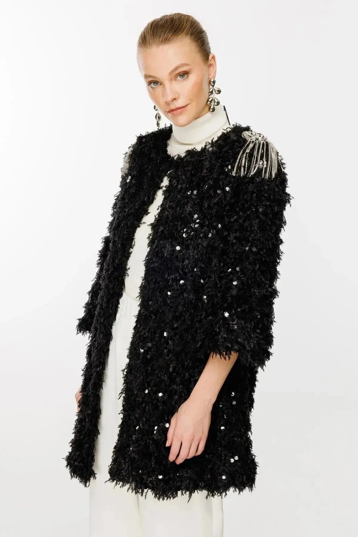 Sequin and Tassel Detailed Epaulette Cardigan