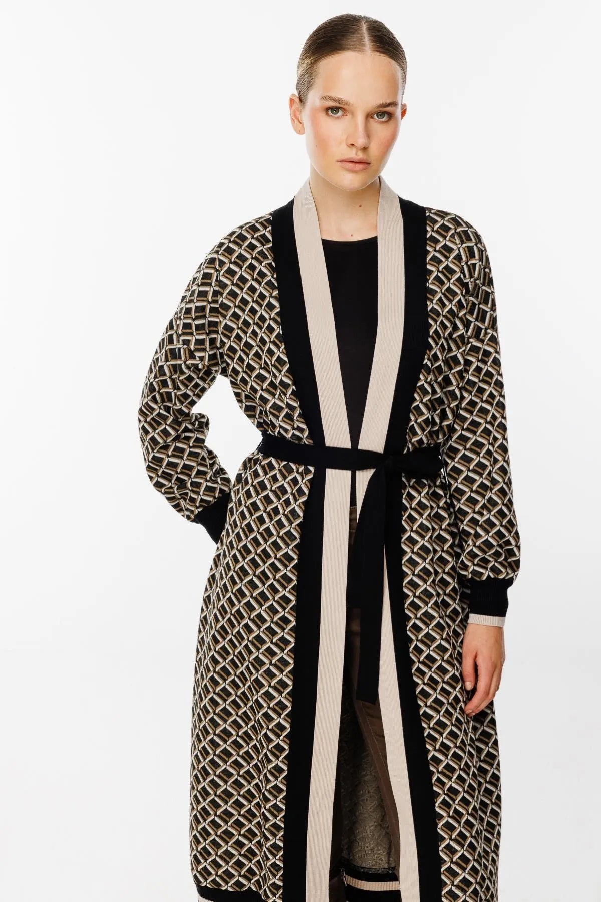 Square Patterned Long Knitted Cardigan