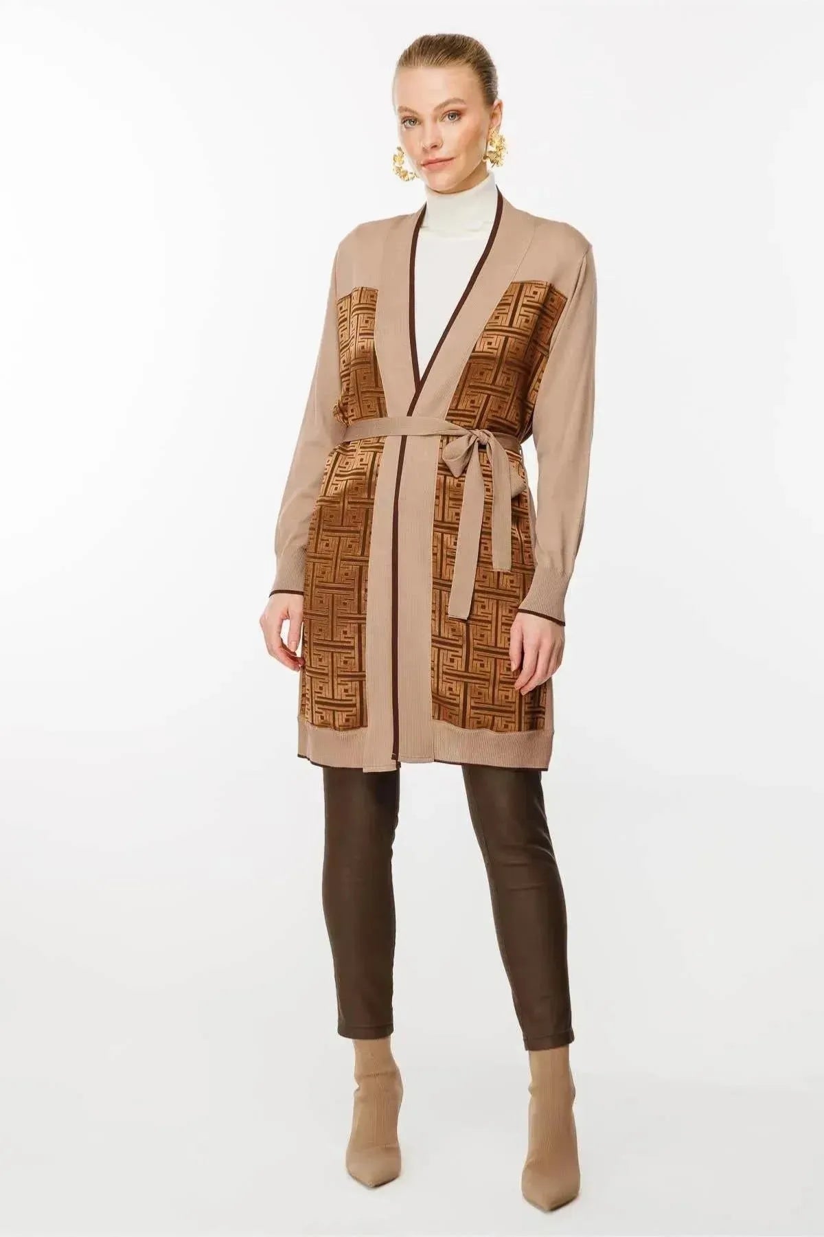 Waist Belted Patterned Cardigan