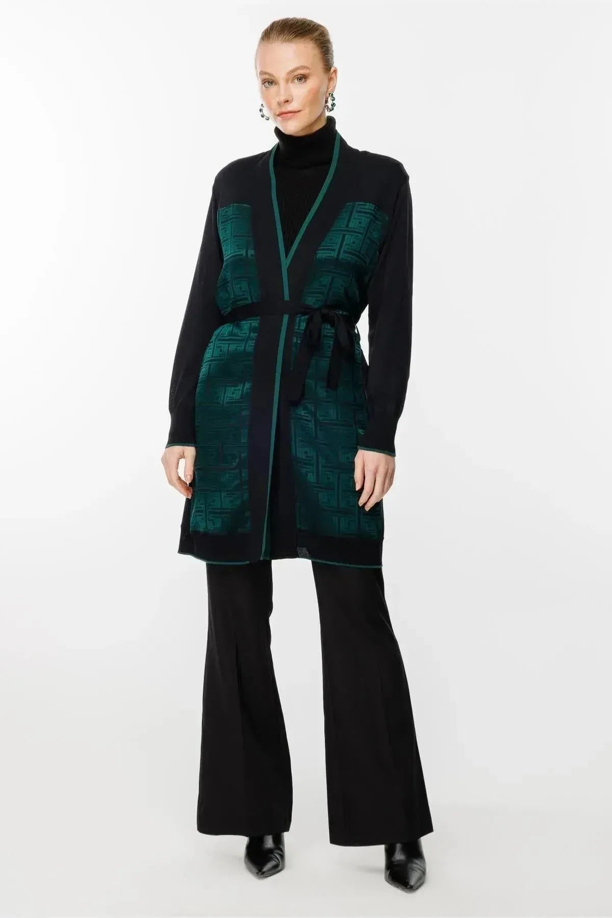 Waist Belted Patterned Cardigan