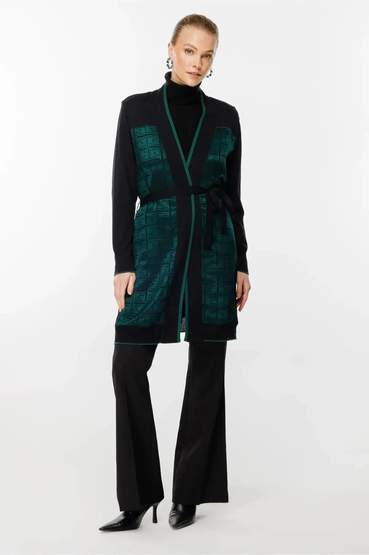 Waist Belted Patterned Cardigan