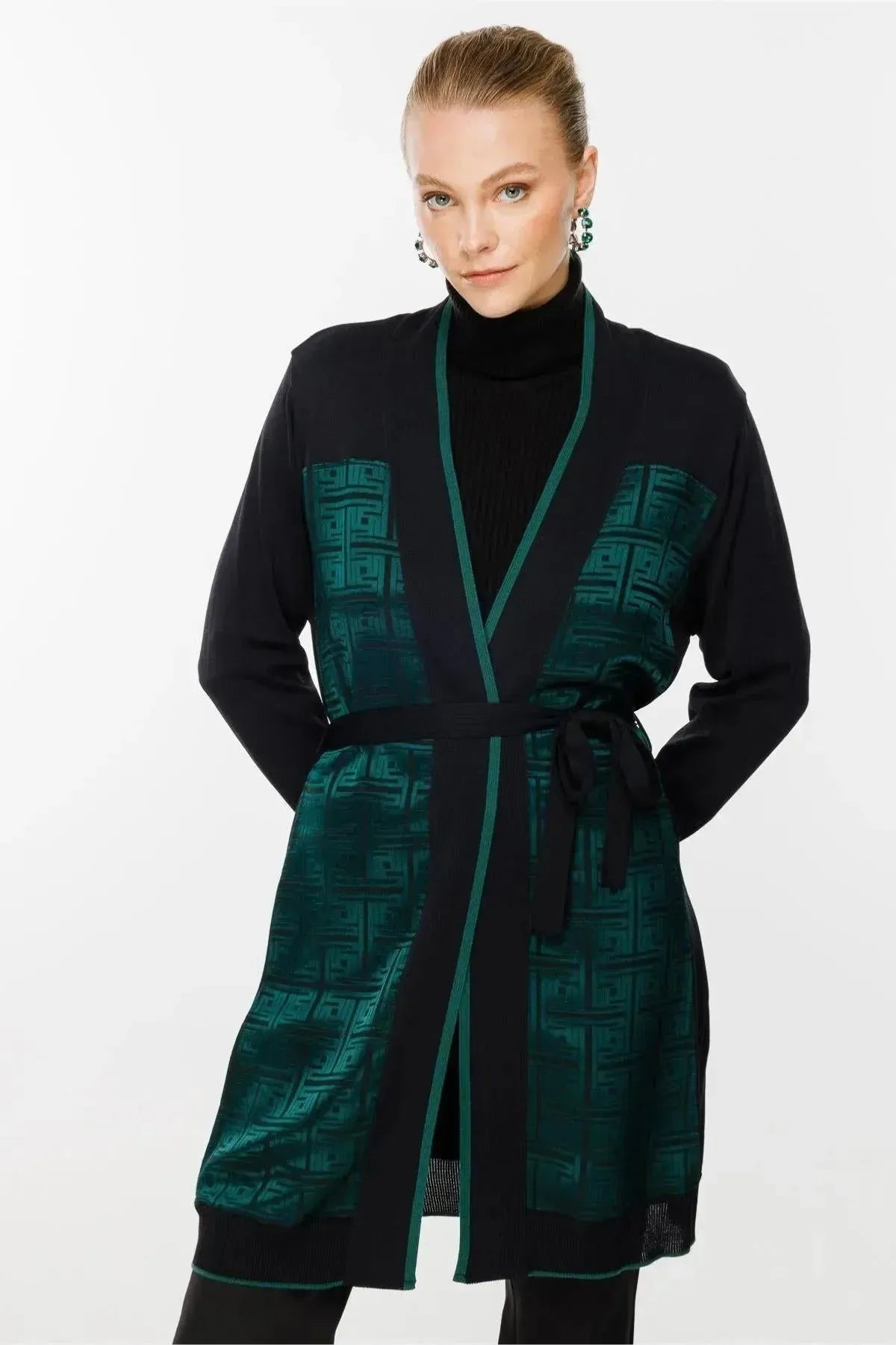 Waist Belted Patterned Cardigan