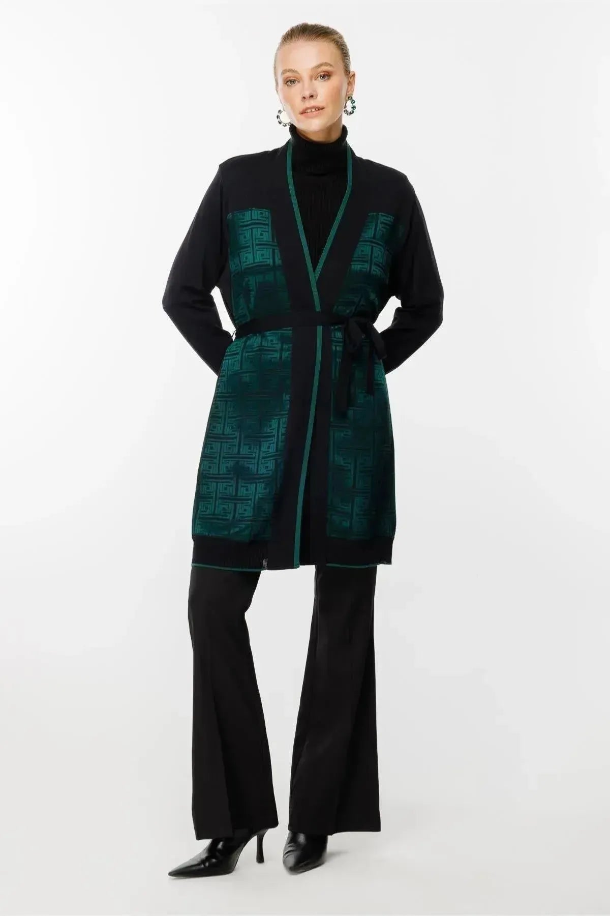 Waist Belted Patterned Cardigan