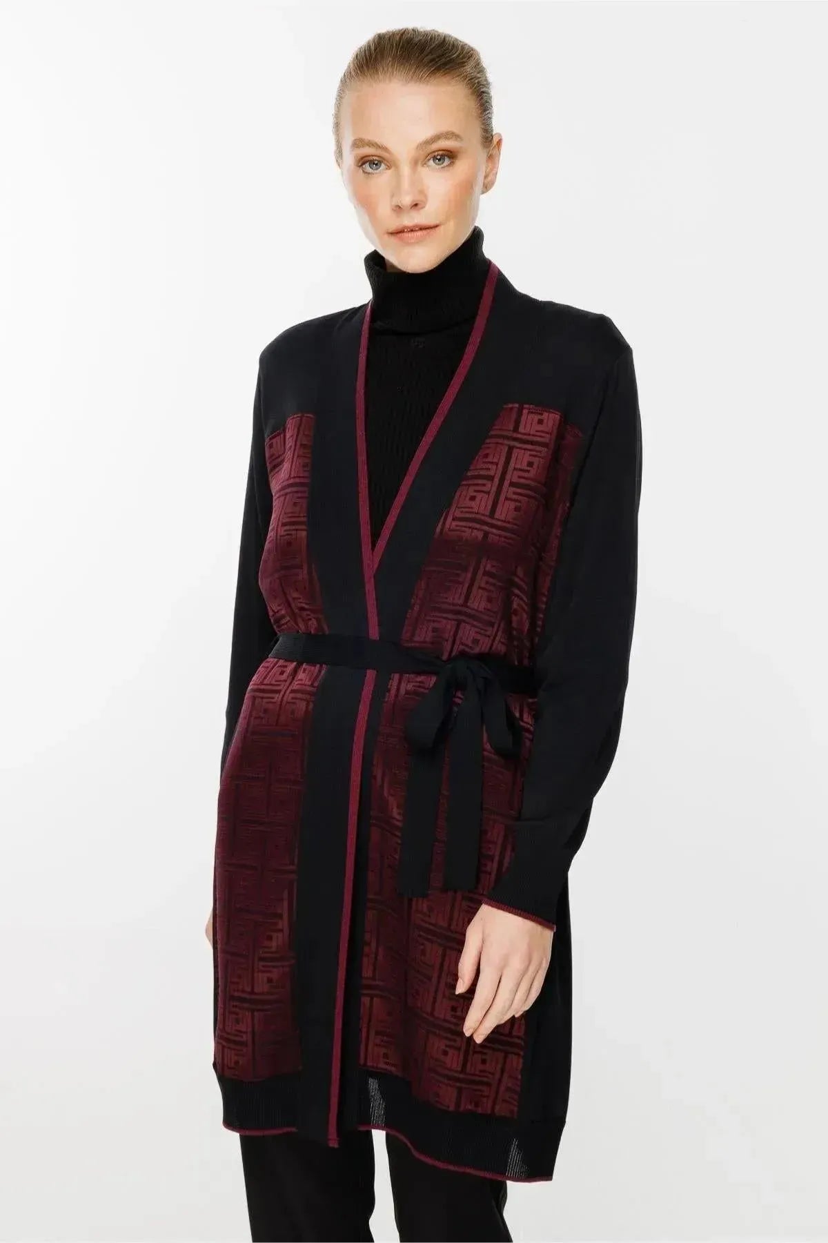 Waist Belted Patterned Cardigan