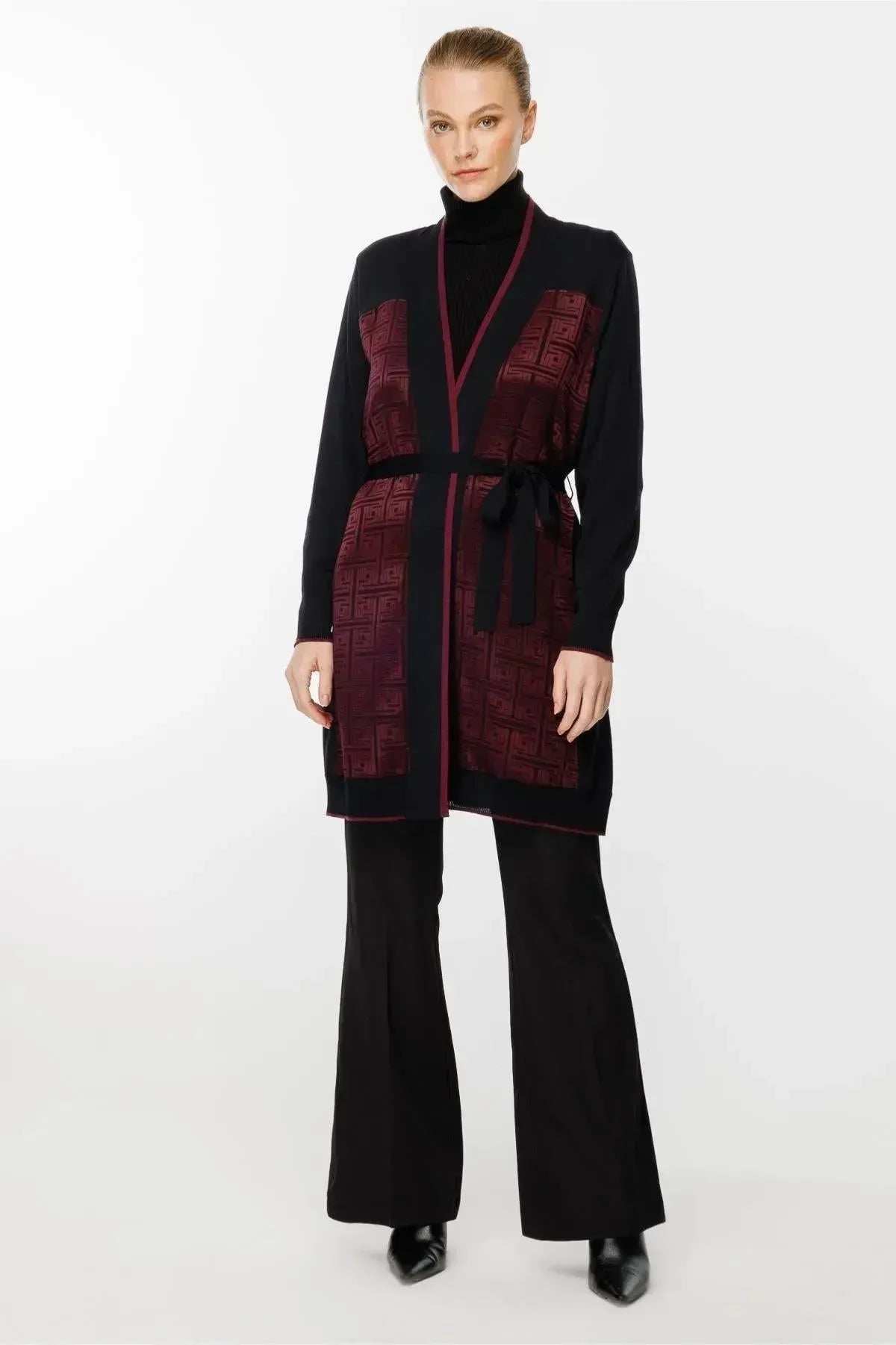 Waist Belted Patterned Cardigan