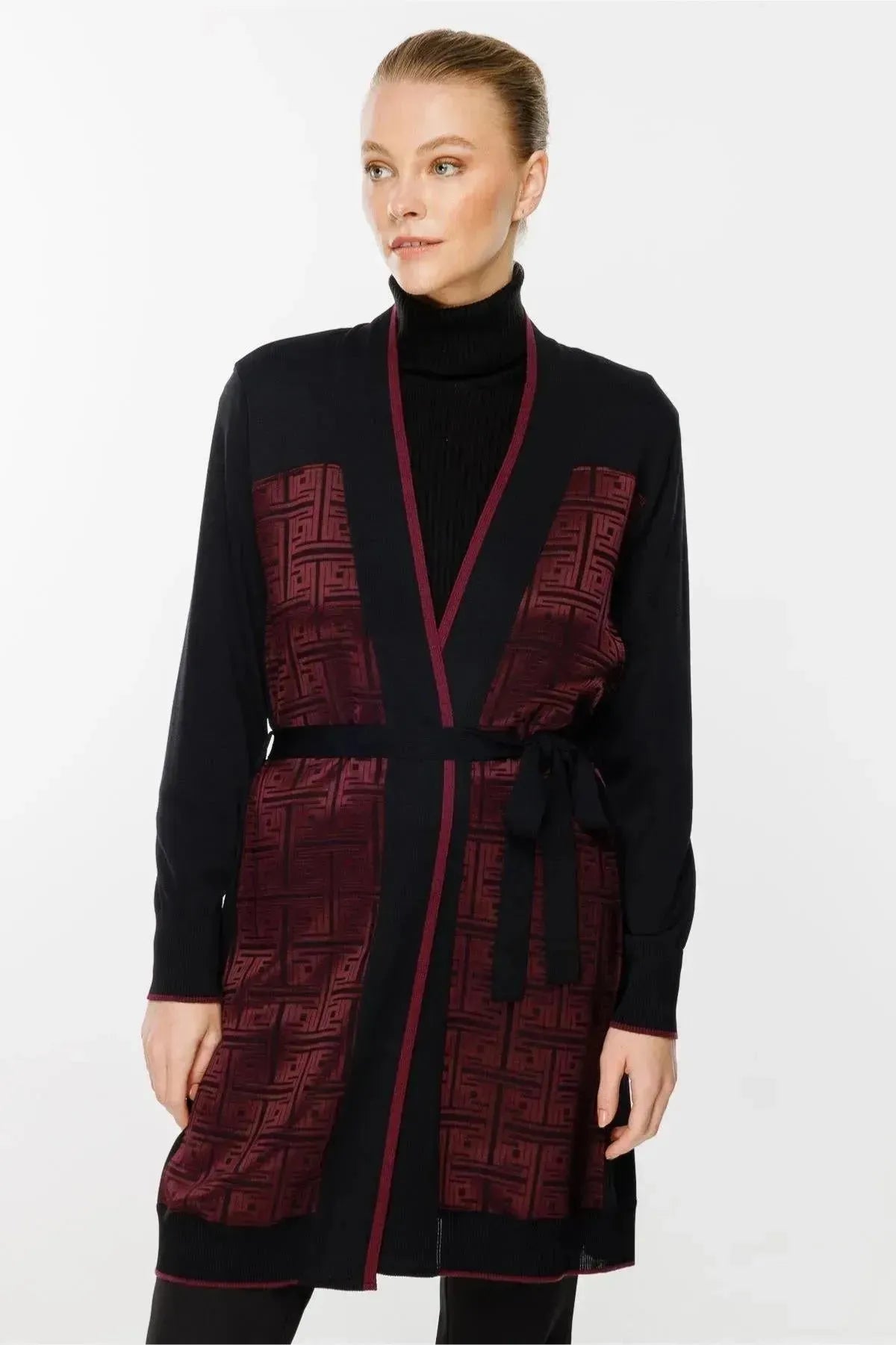 Waist Belted Patterned Cardigan