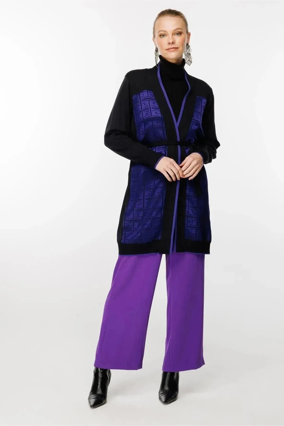 Waist Belted Patterned Cardigan
