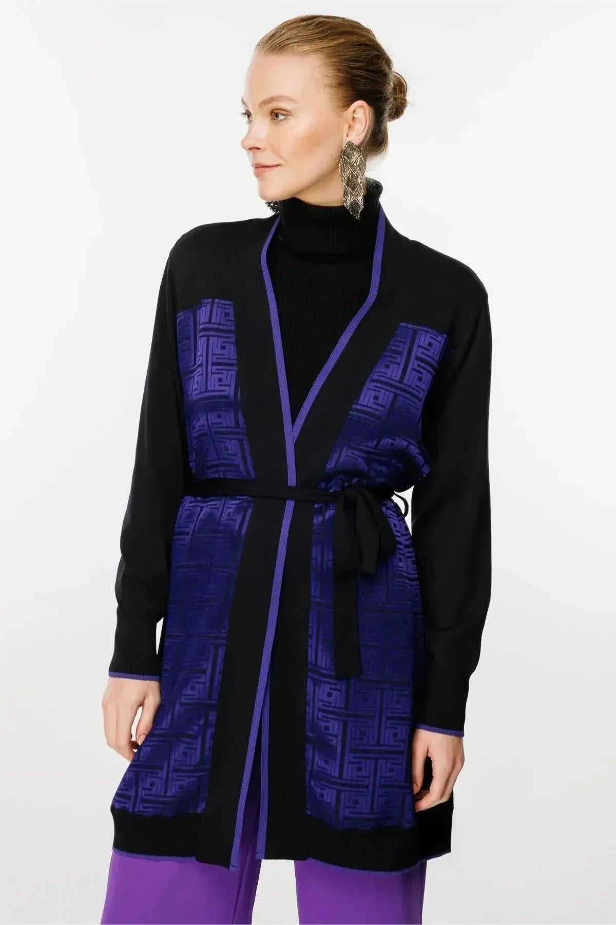 Waist Belted Patterned Cardigan