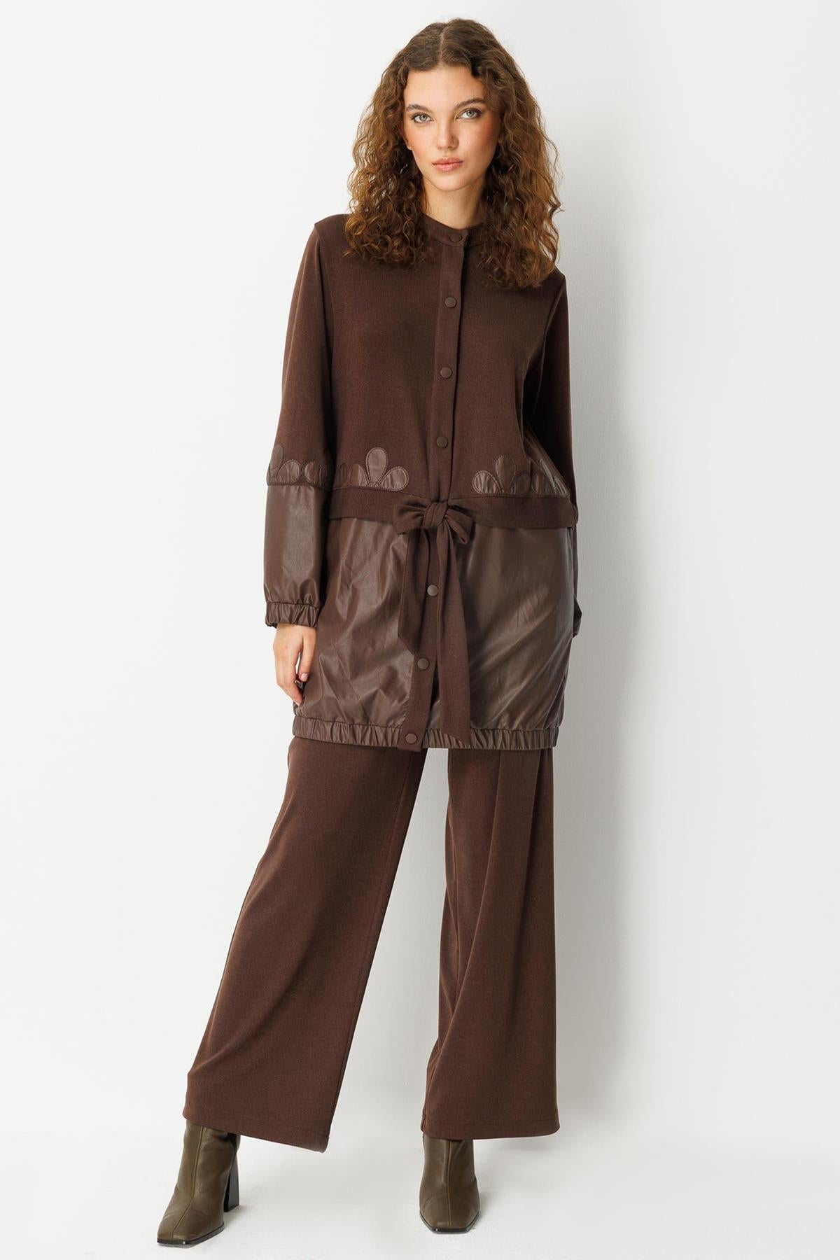 Waist-Tied Leather Detailed Tunic Trouser Set