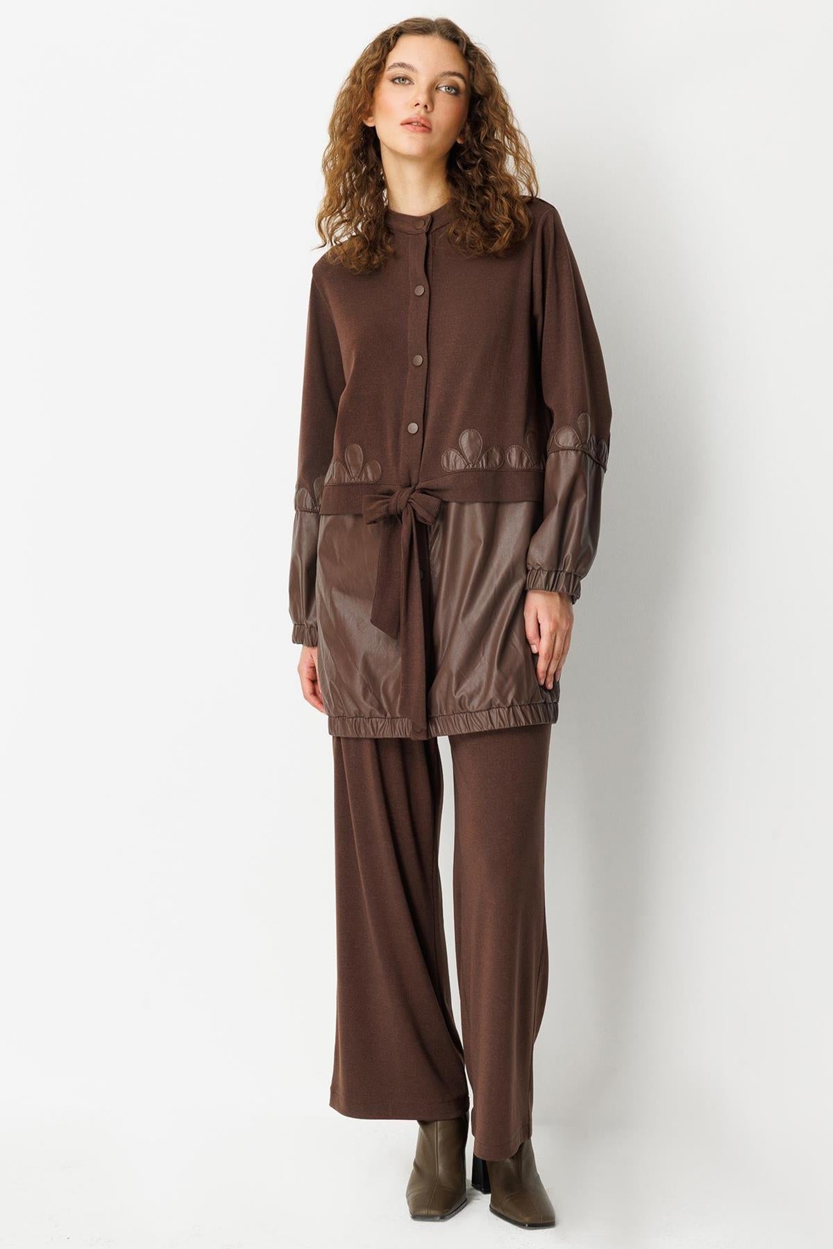 Waist-Tied Leather Detailed Tunic Trouser Set