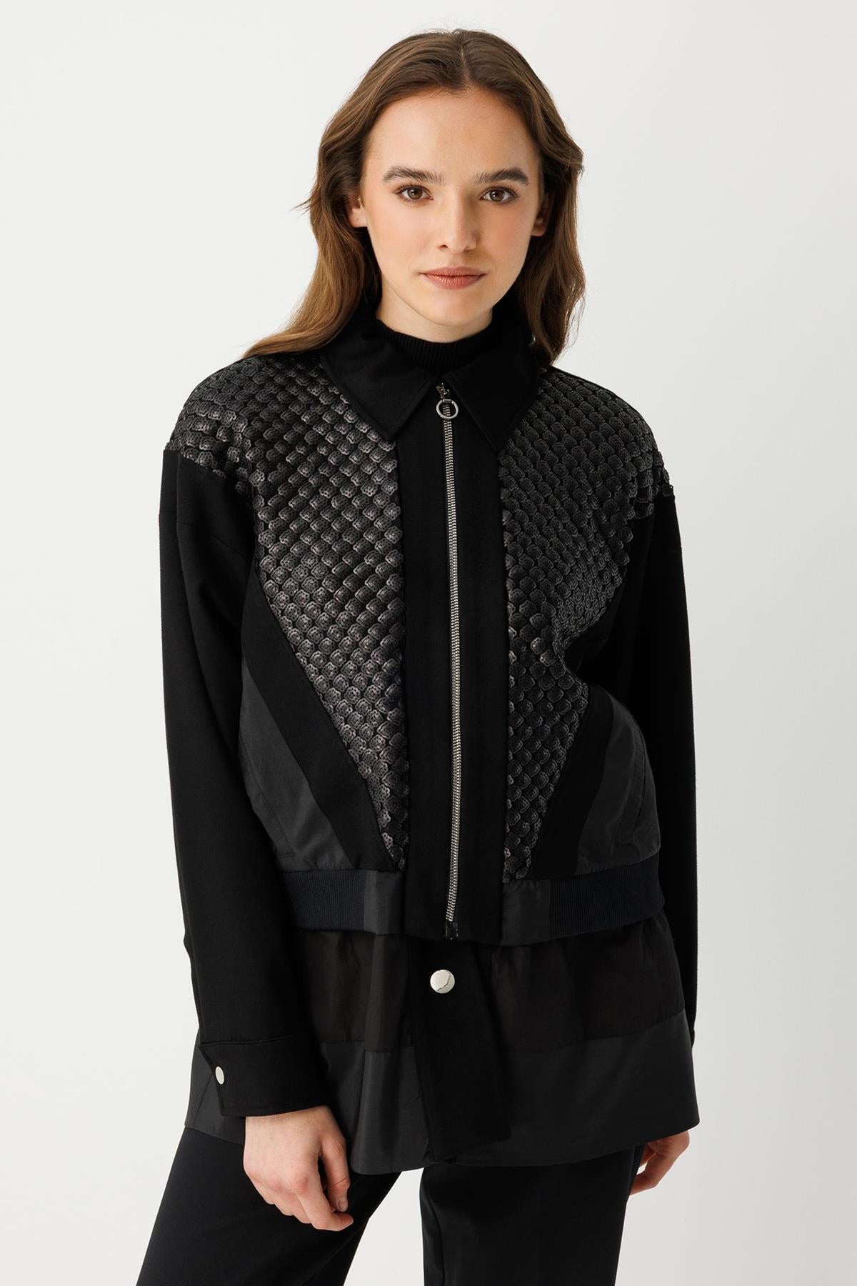 Önden Fermuarlı Dokulu Garnili Paraşüt  Kumaş Ceket