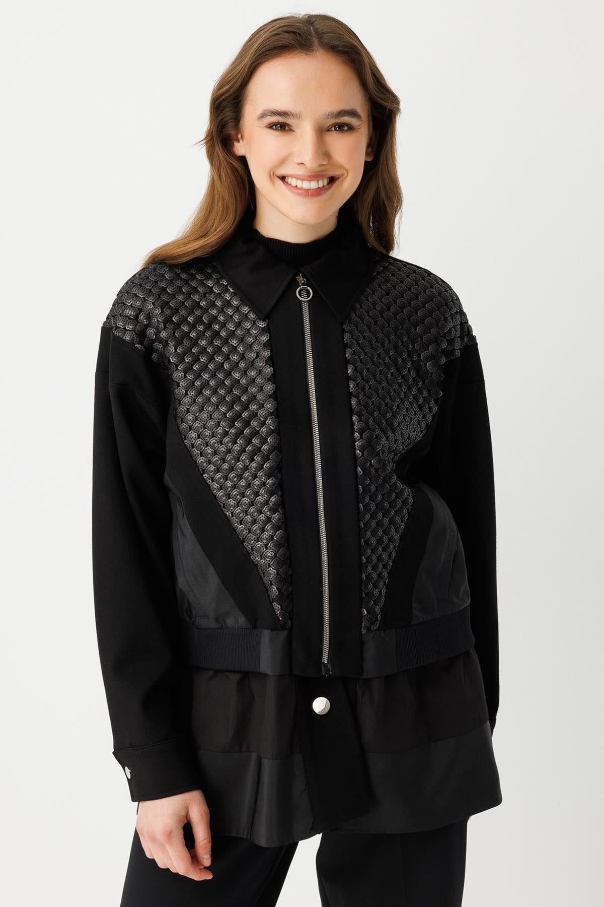 Önden Fermuarlı Dokulu Garnili Paraşüt  Kumaş Ceket