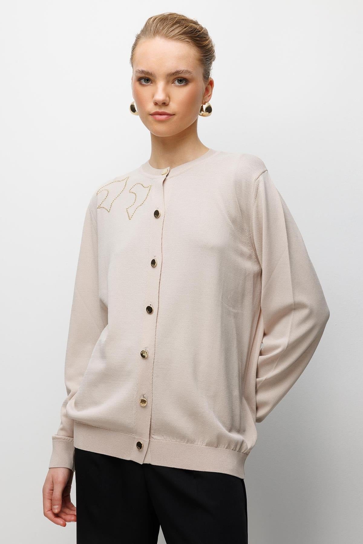 Kuş Deseni İşlemeli Triko Hırka