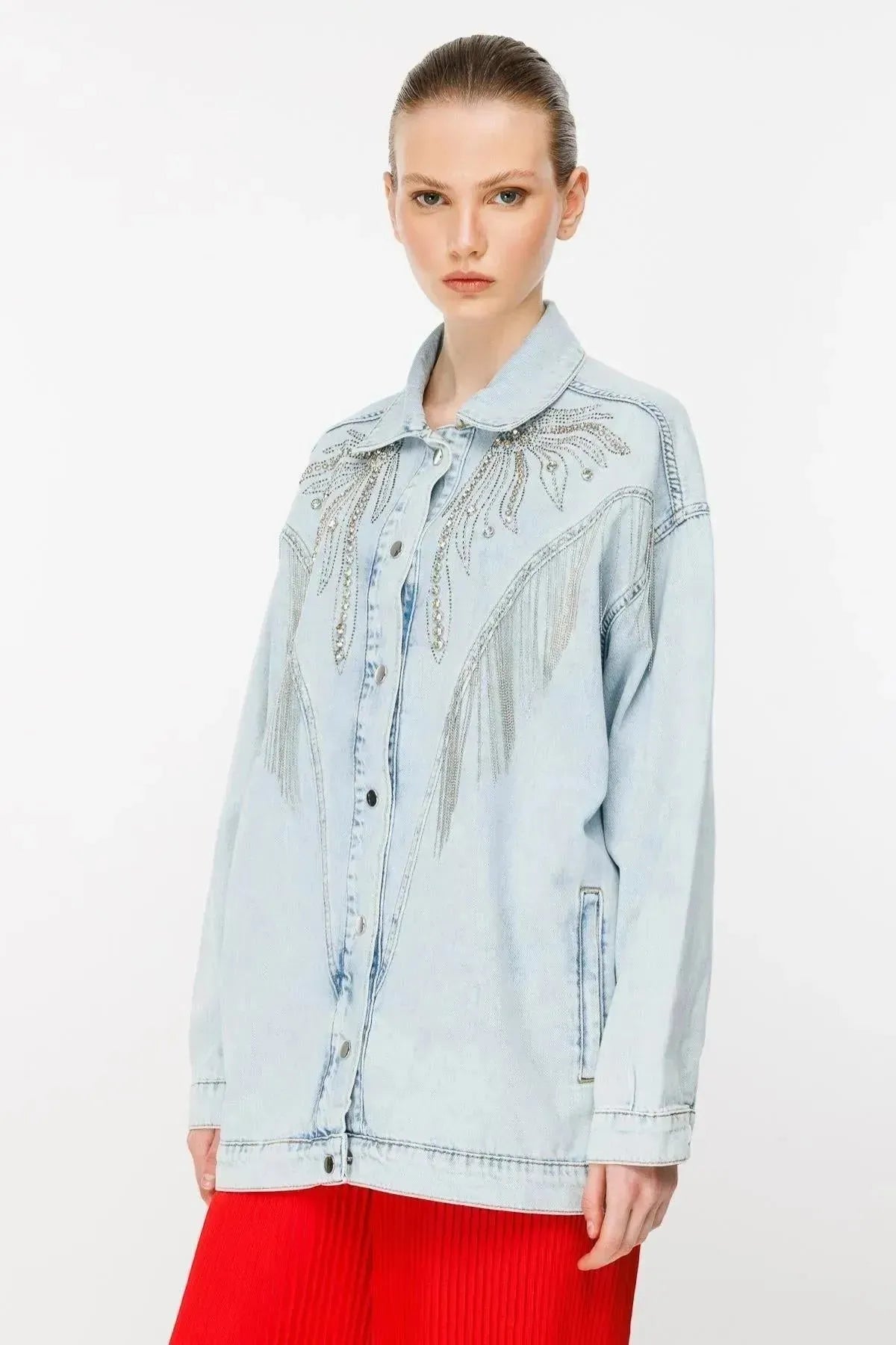 Stone Embroidery Detailed Denim Jacket