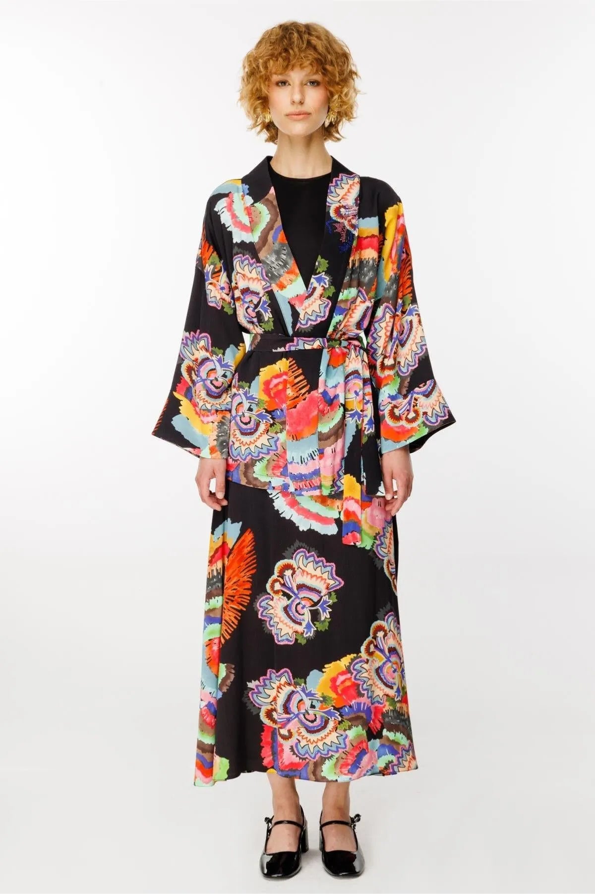 Colorful Patterned Jacket Skirt Set with Tie Waist Detail