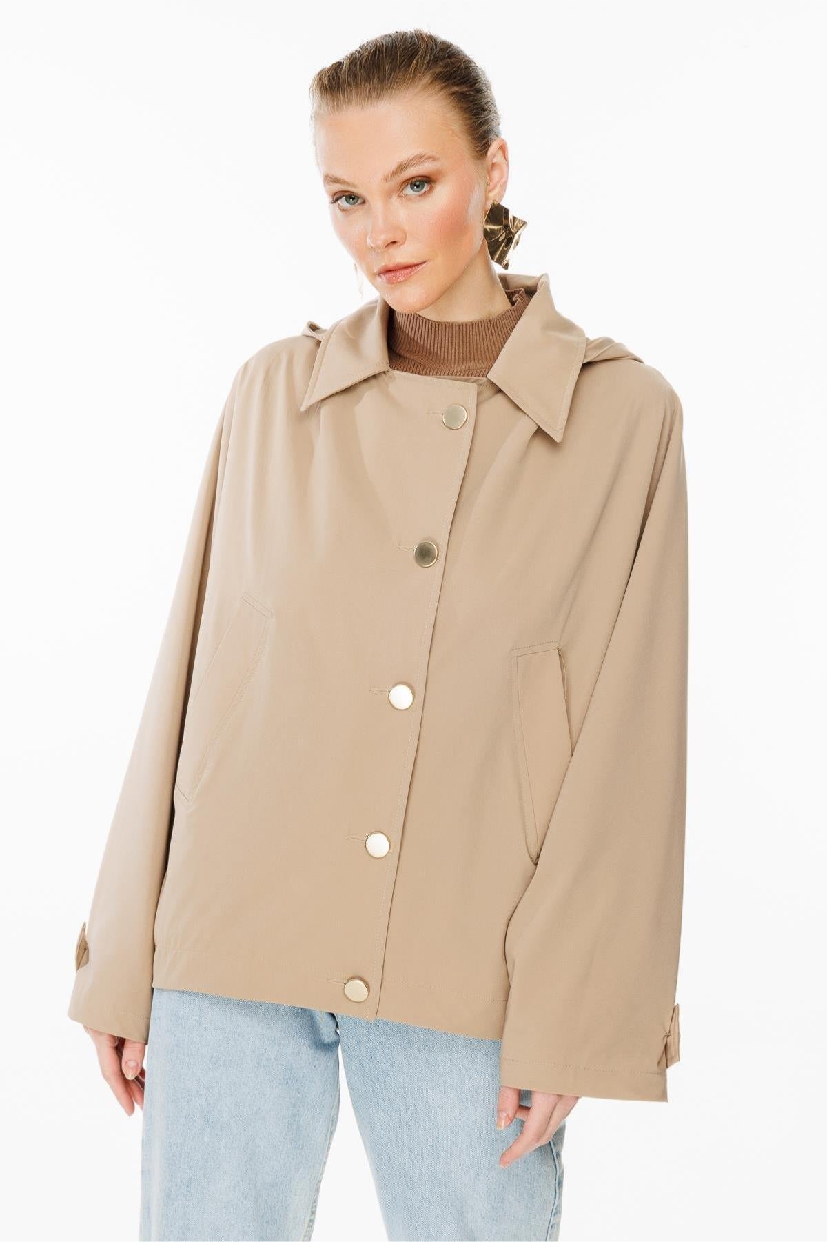 Hooded Snap Closure Oversize Short Coat
