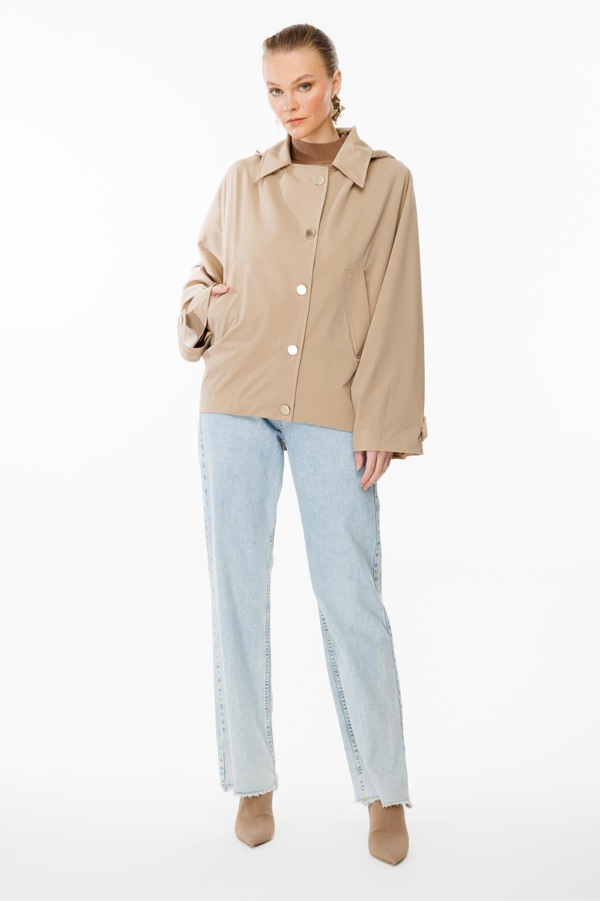 Hooded Snap Closure Oversize Short Coat