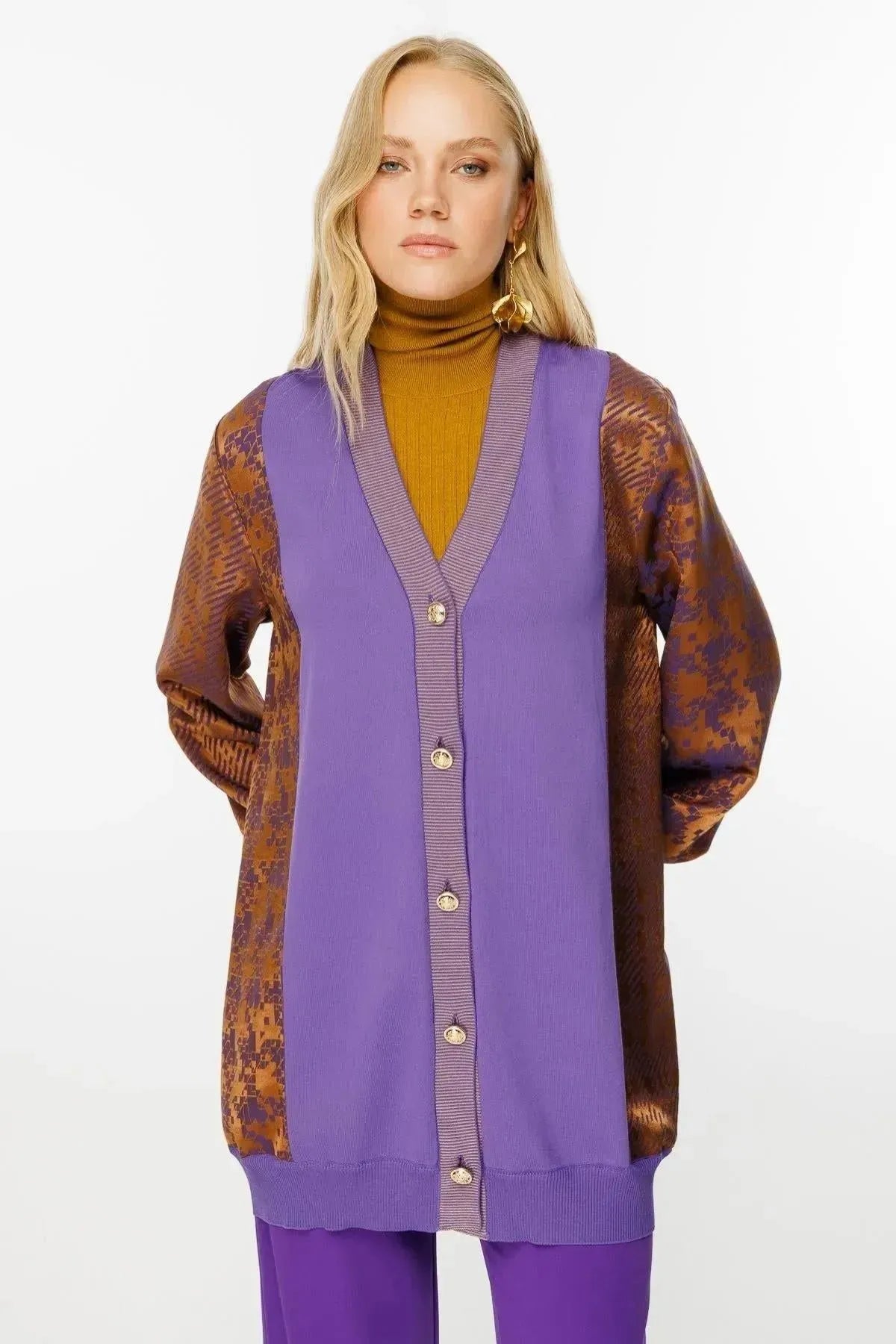 Square Patterned Mid Length Cardigan