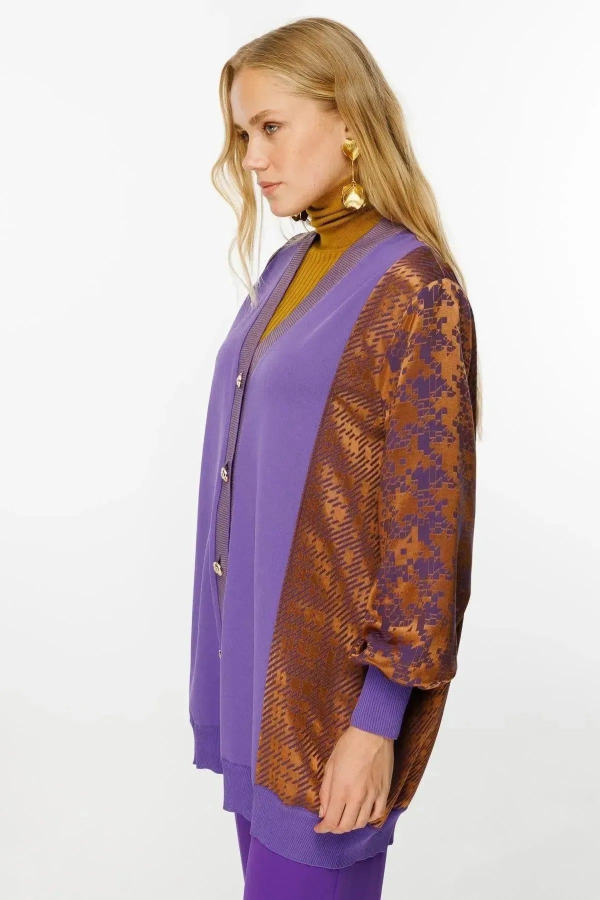 Square Patterned Mid Length Cardigan
