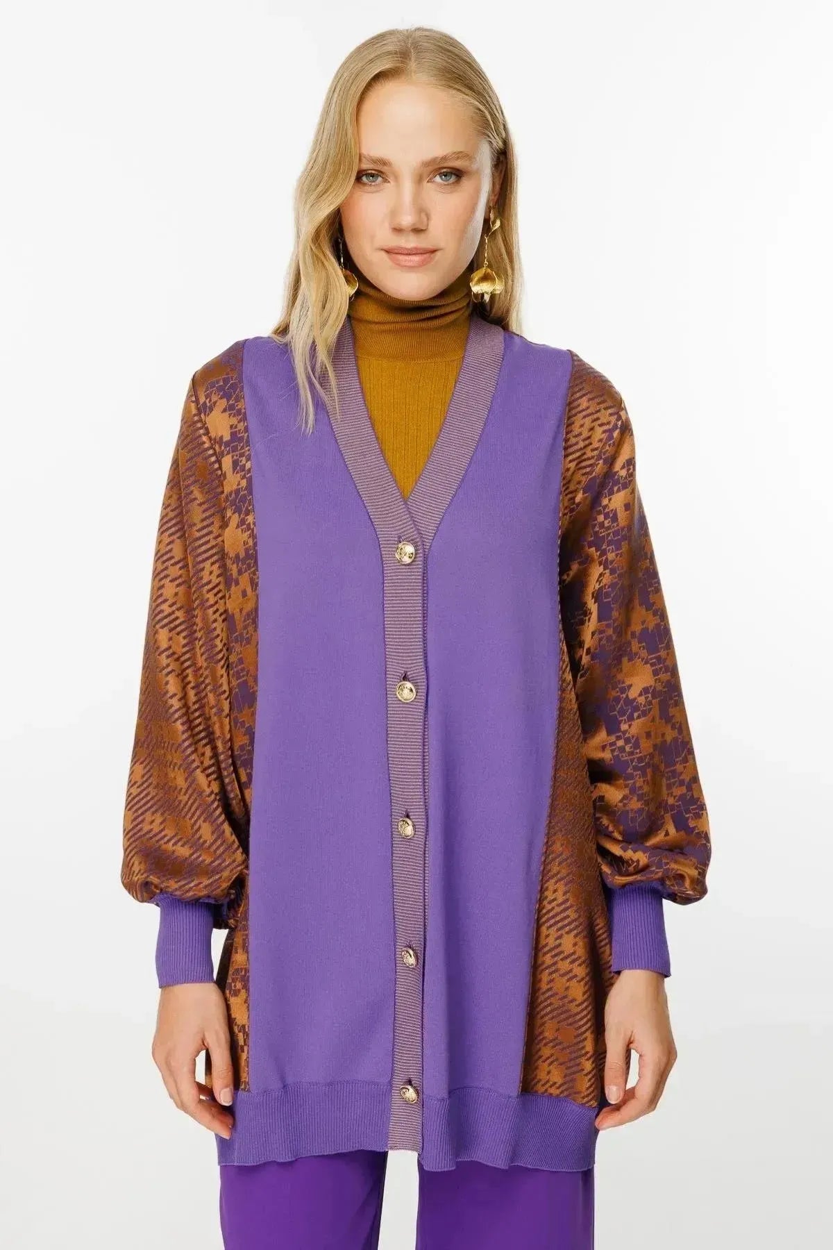 Square Patterned Mid Length Cardigan