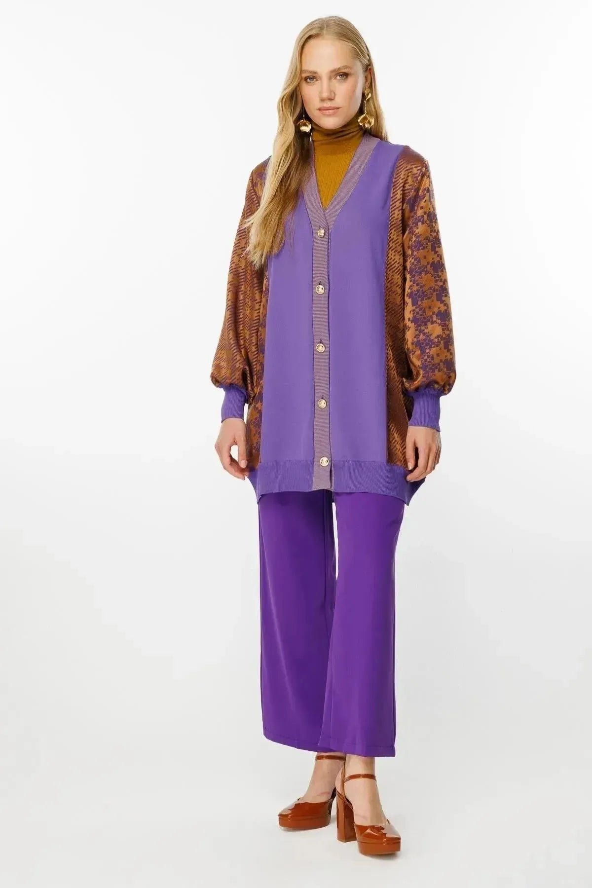 Square Patterned Mid Length Cardigan