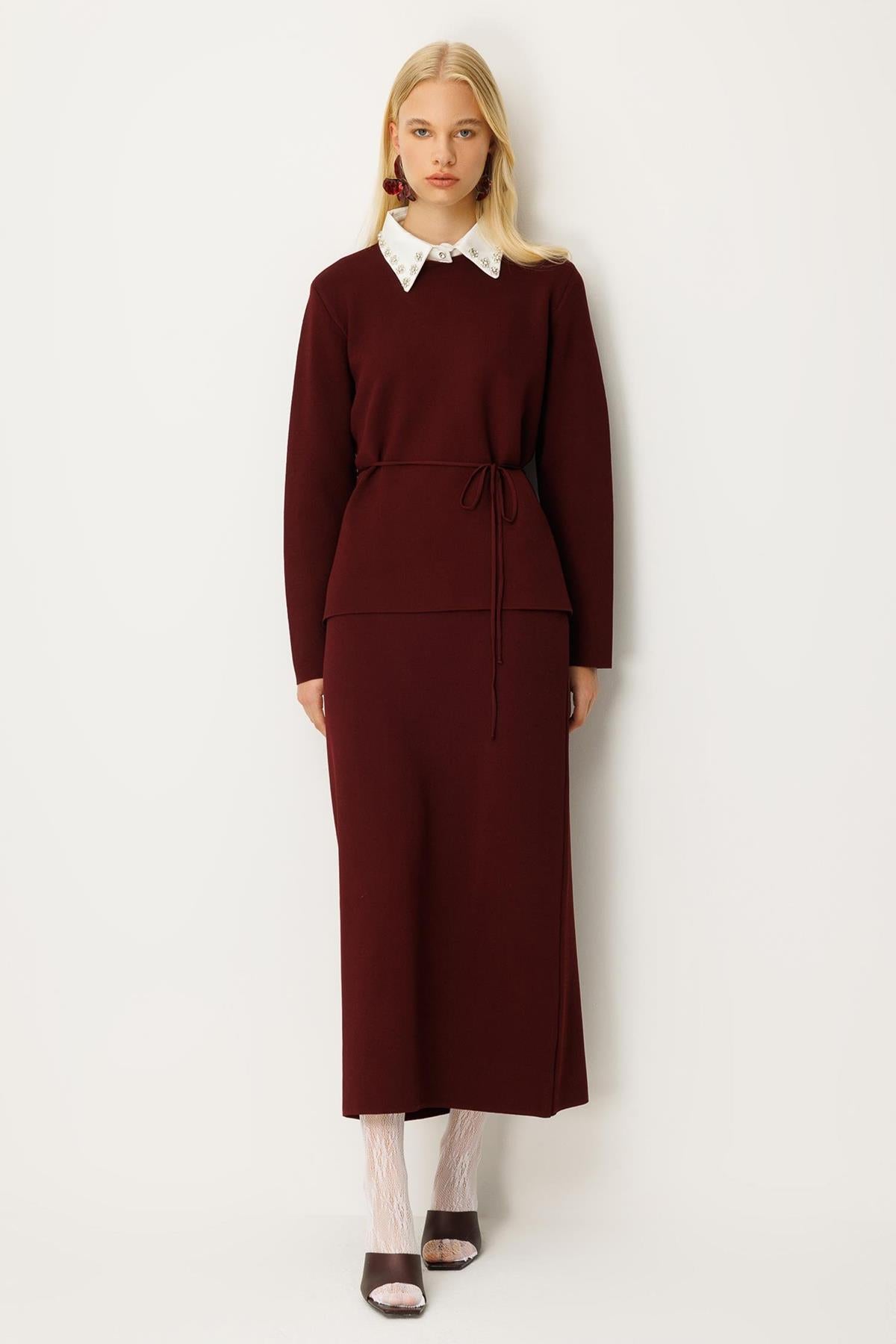 Stone Embroidered Collar and Belted Knitwear Suit