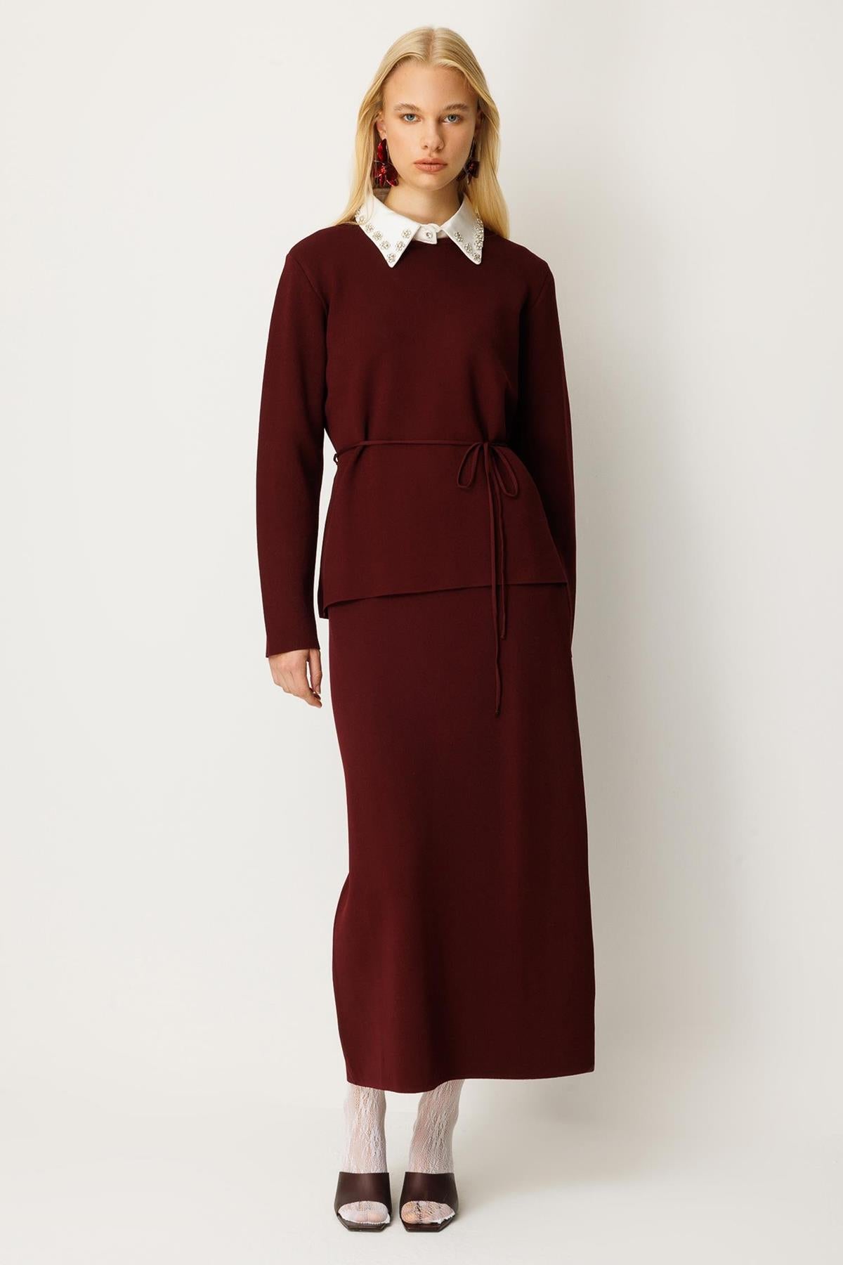 Stone Embroidered Collar and Belted Knitwear Suit