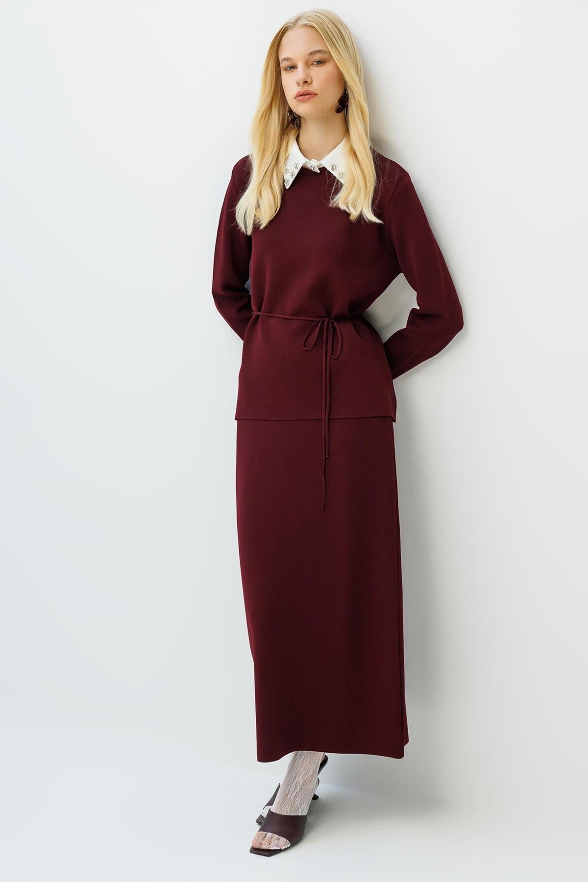 Stone Embroidered Collar and Belted Knitwear Suit