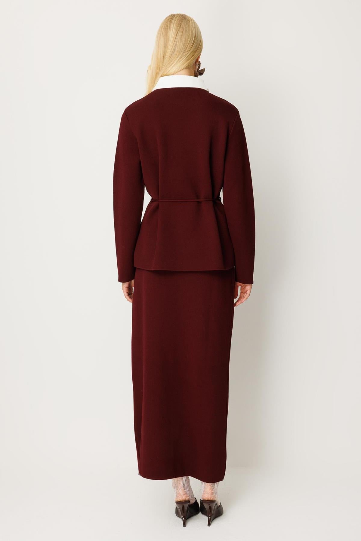 Stone Embroidered Collar and Belted Knitwear Suit