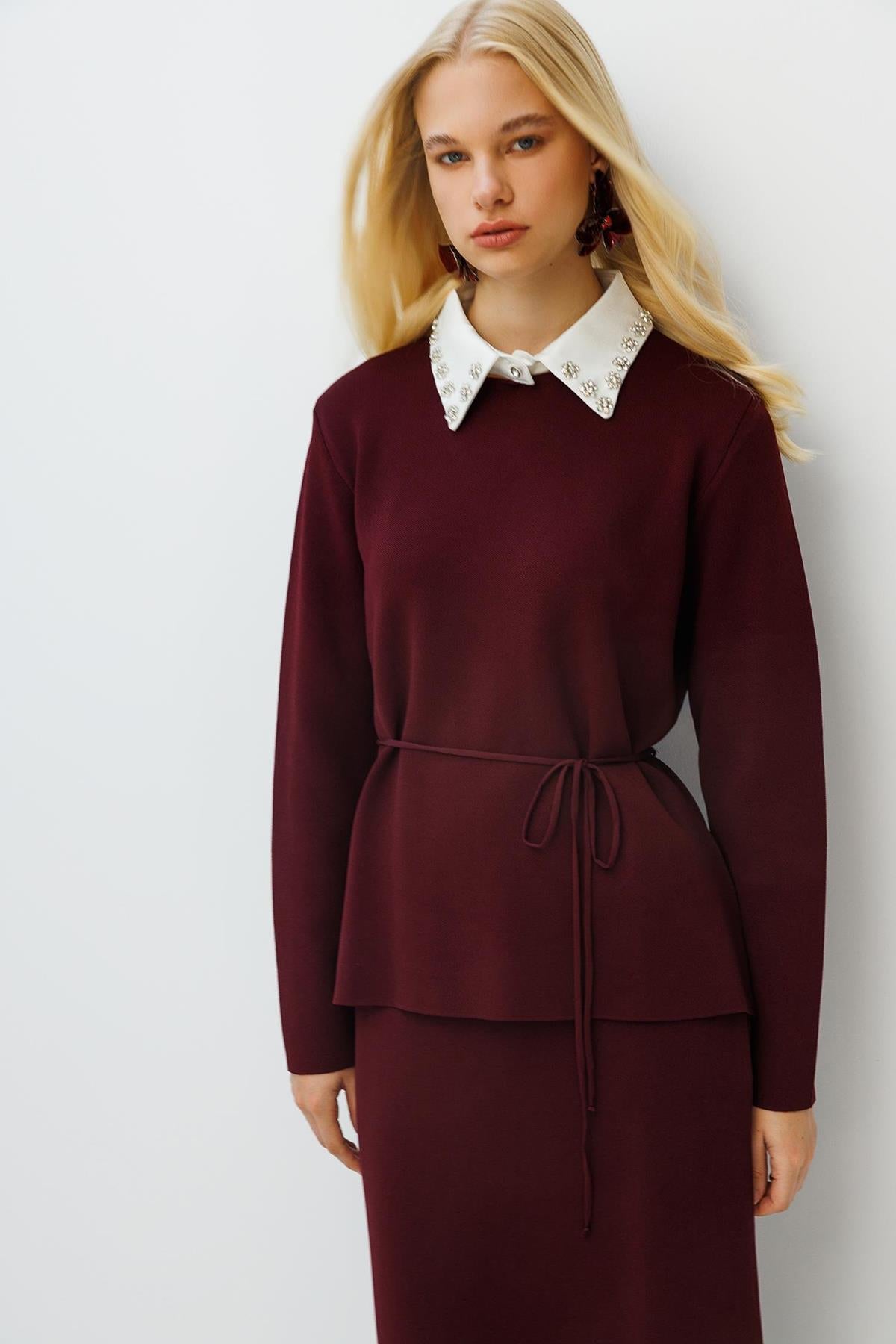 Stone Embroidered Collar and Belted Knitwear Suit