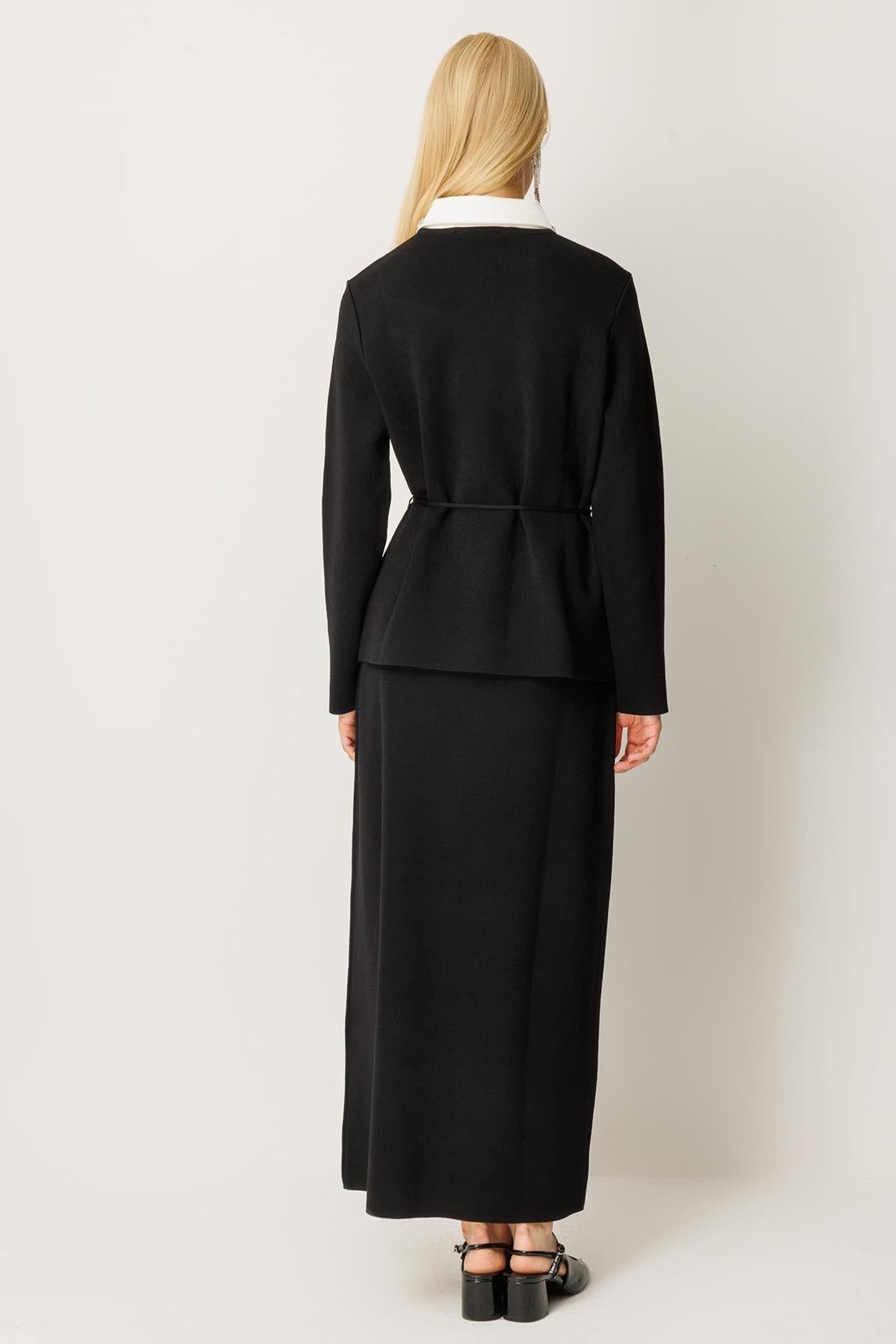 Stone Embroidered Collar and Belted Knitwear Suit