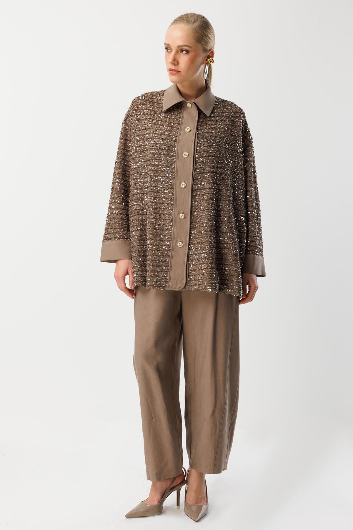 Pul Payet İşlemeli Gömlek Pantolon Takım