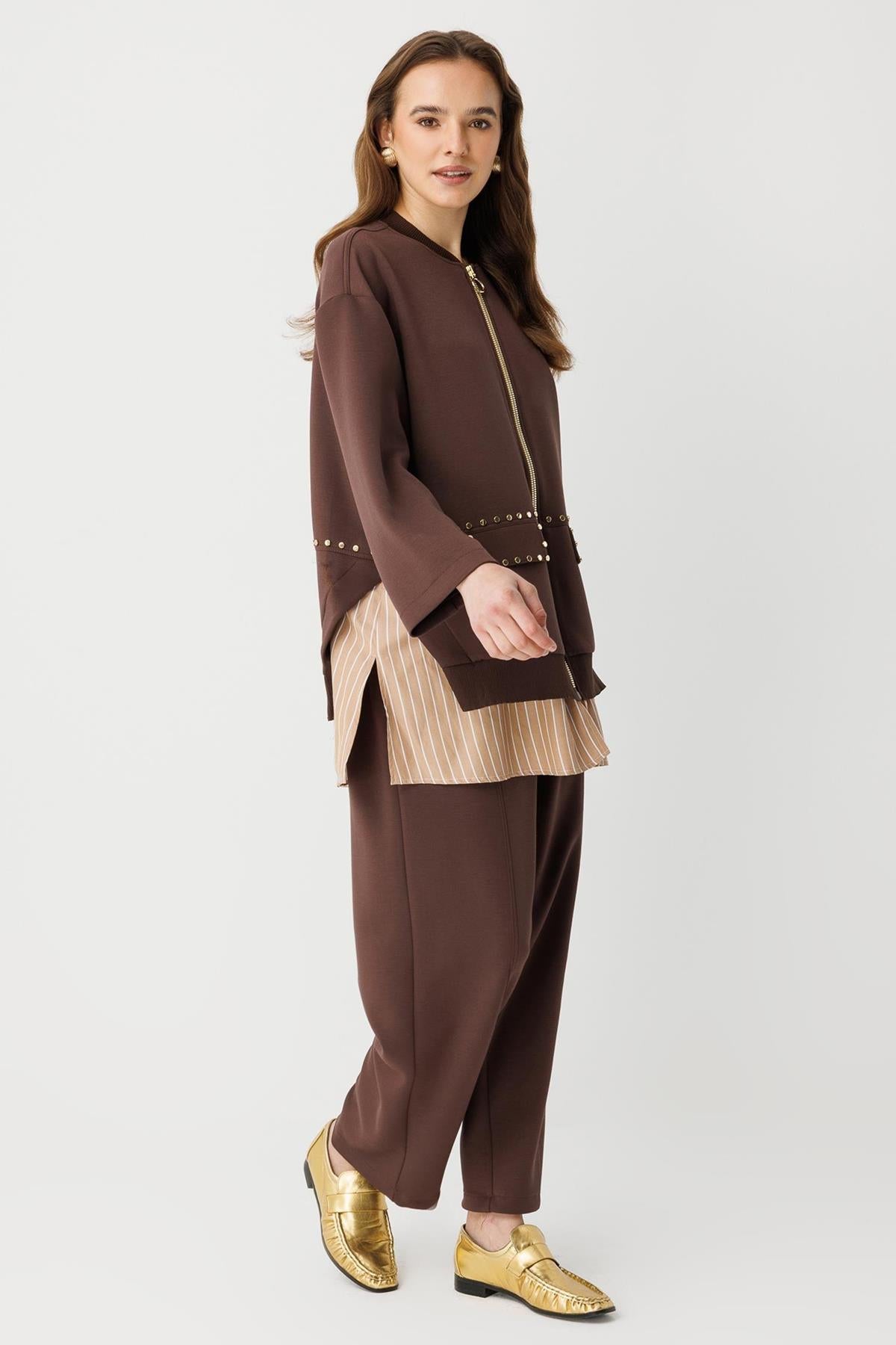 Zımba Detaylı Fermuarlı Ceket Ve Pantolon Takım