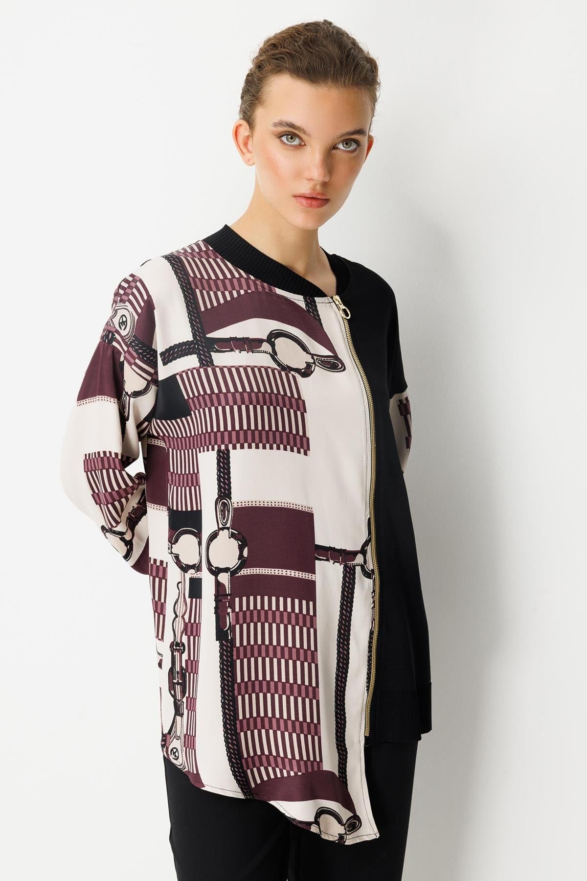 Asymmetrical Cut Zippered Patterned Tunic