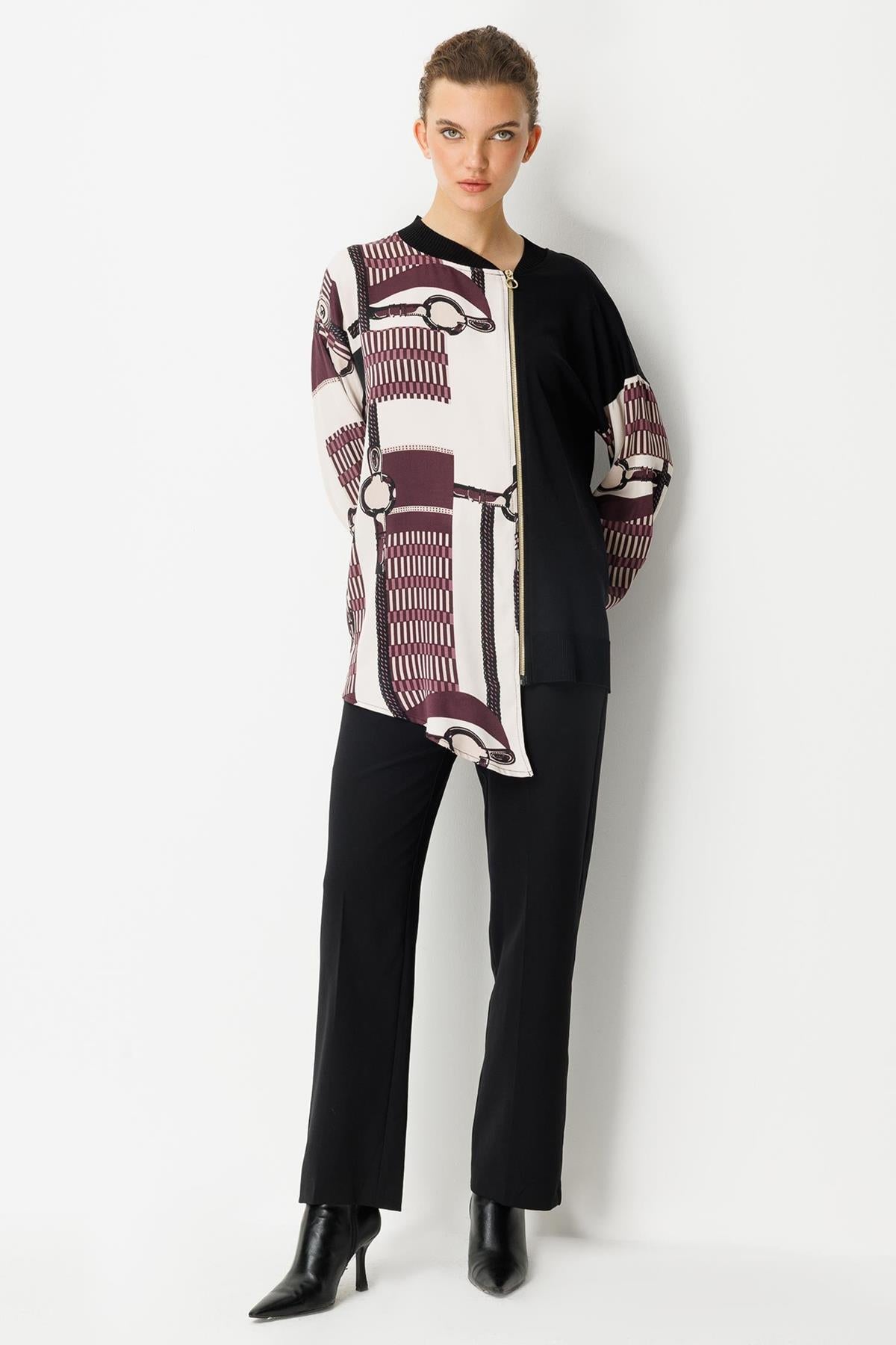 Asymmetrical Cut Zippered Patterned Tunic