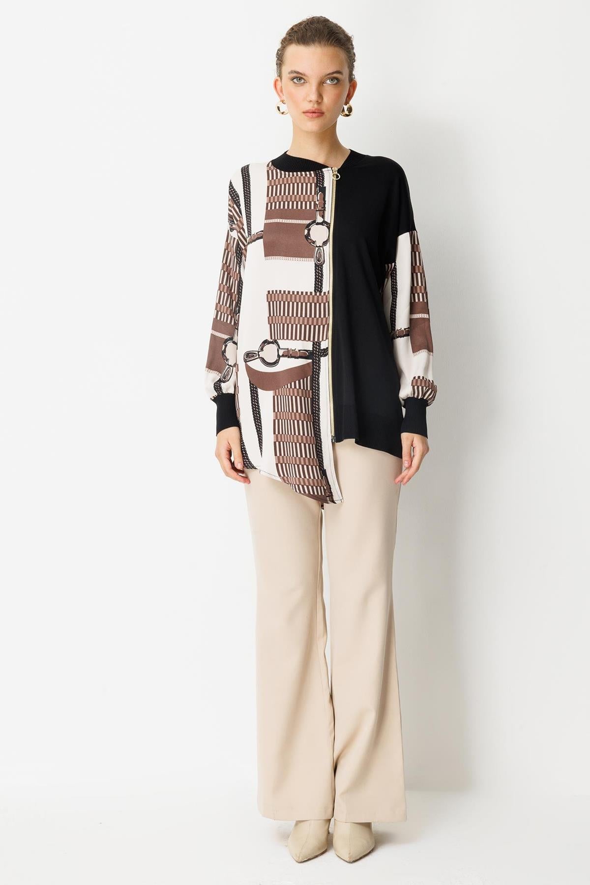Asymmetrical Cut Zippered Patterned Tunic