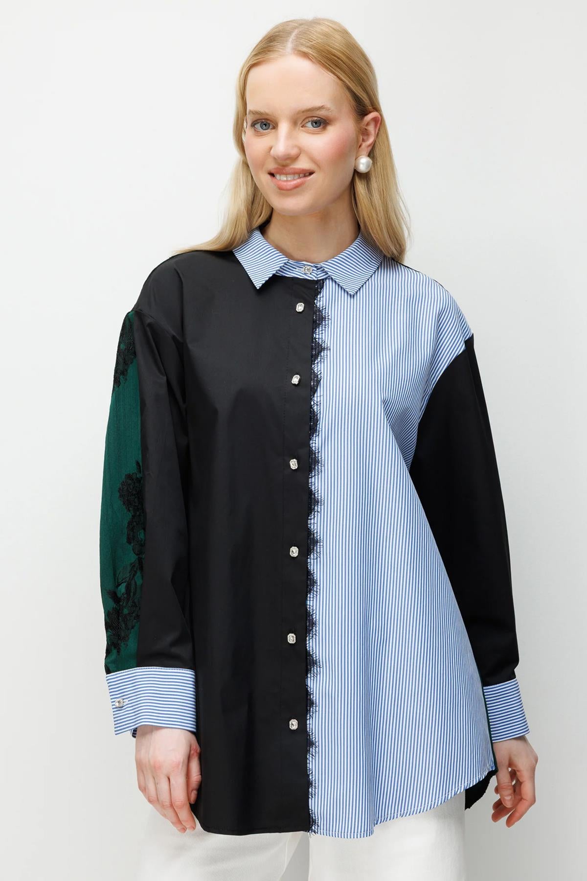 Çizgili Kontrast Parçalı Arka Jakarlı Gömlek