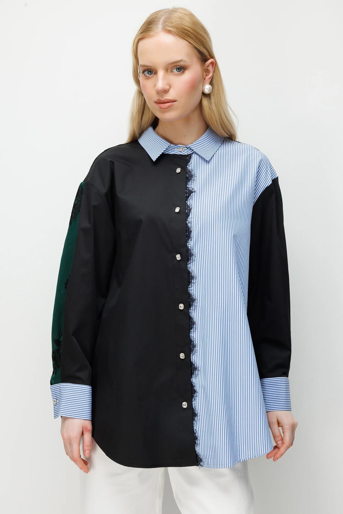 Çizgili Kontrast Parçalı Arka Jakarlı Gömlek