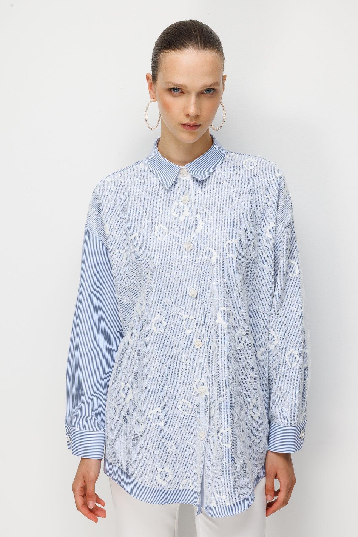 Lace Detail Striped Shirt Tunic