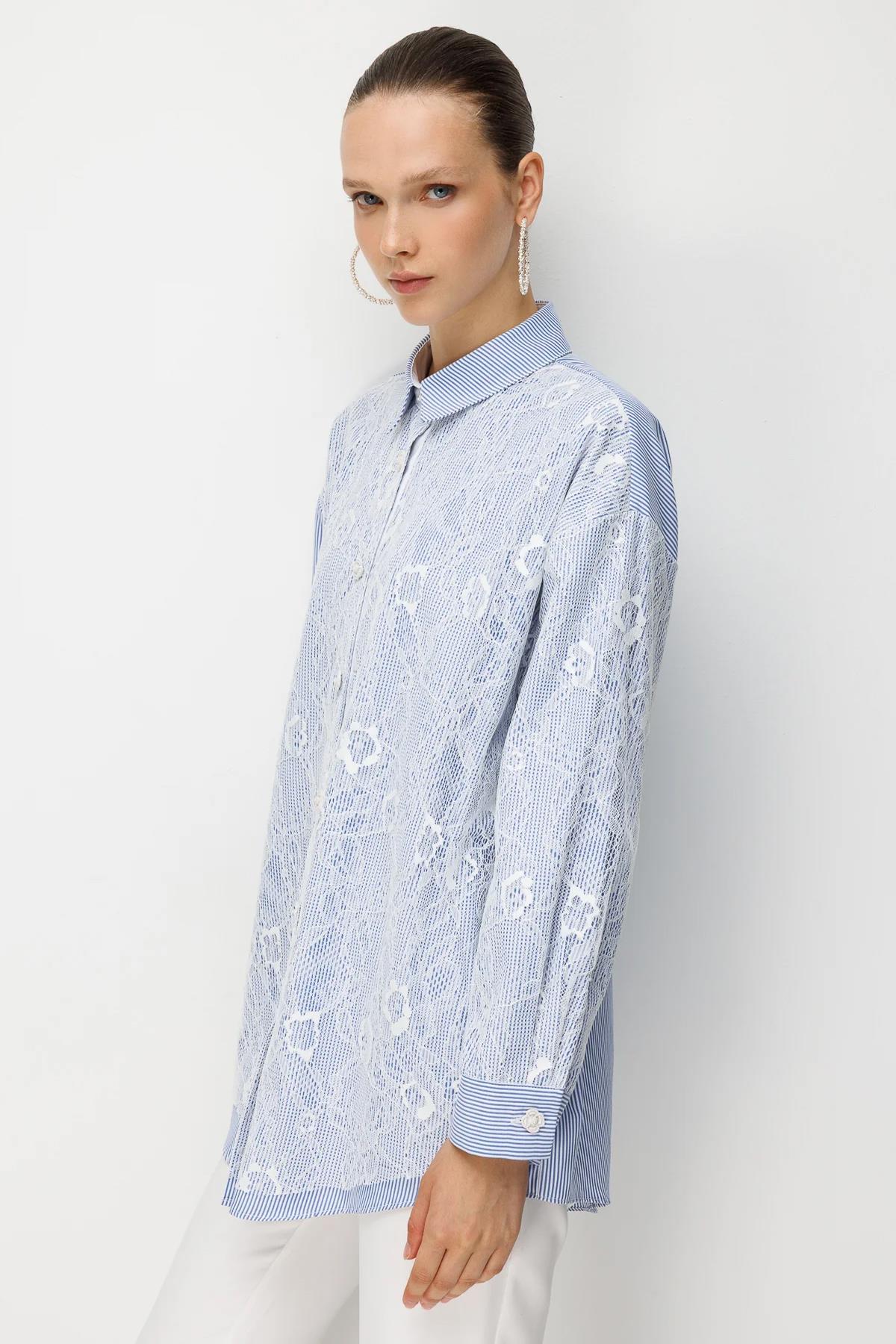 Lace Detail Striped Shirt Tunic