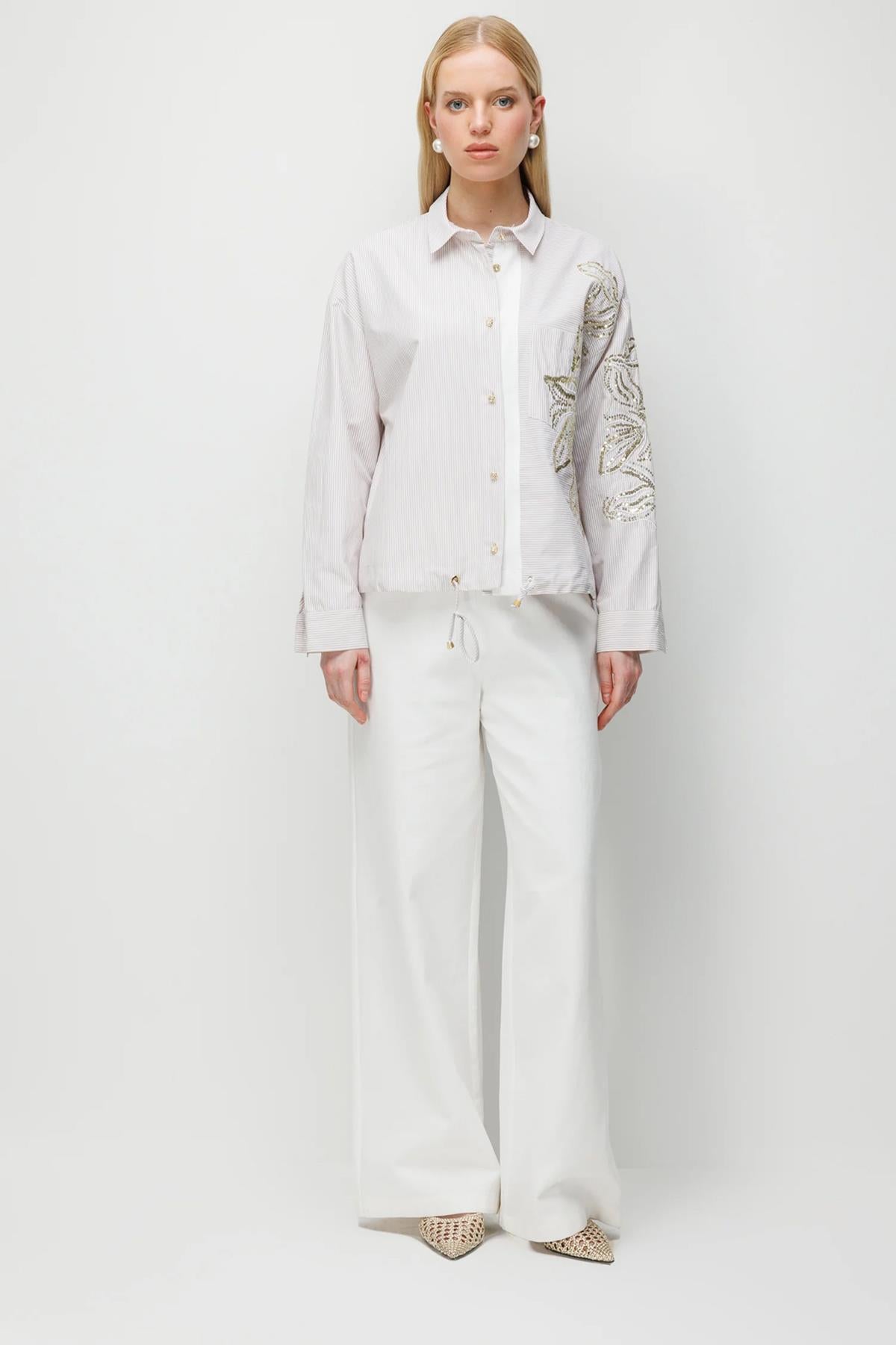 Payet İşlemeli Çizgili Kısa Gömlek